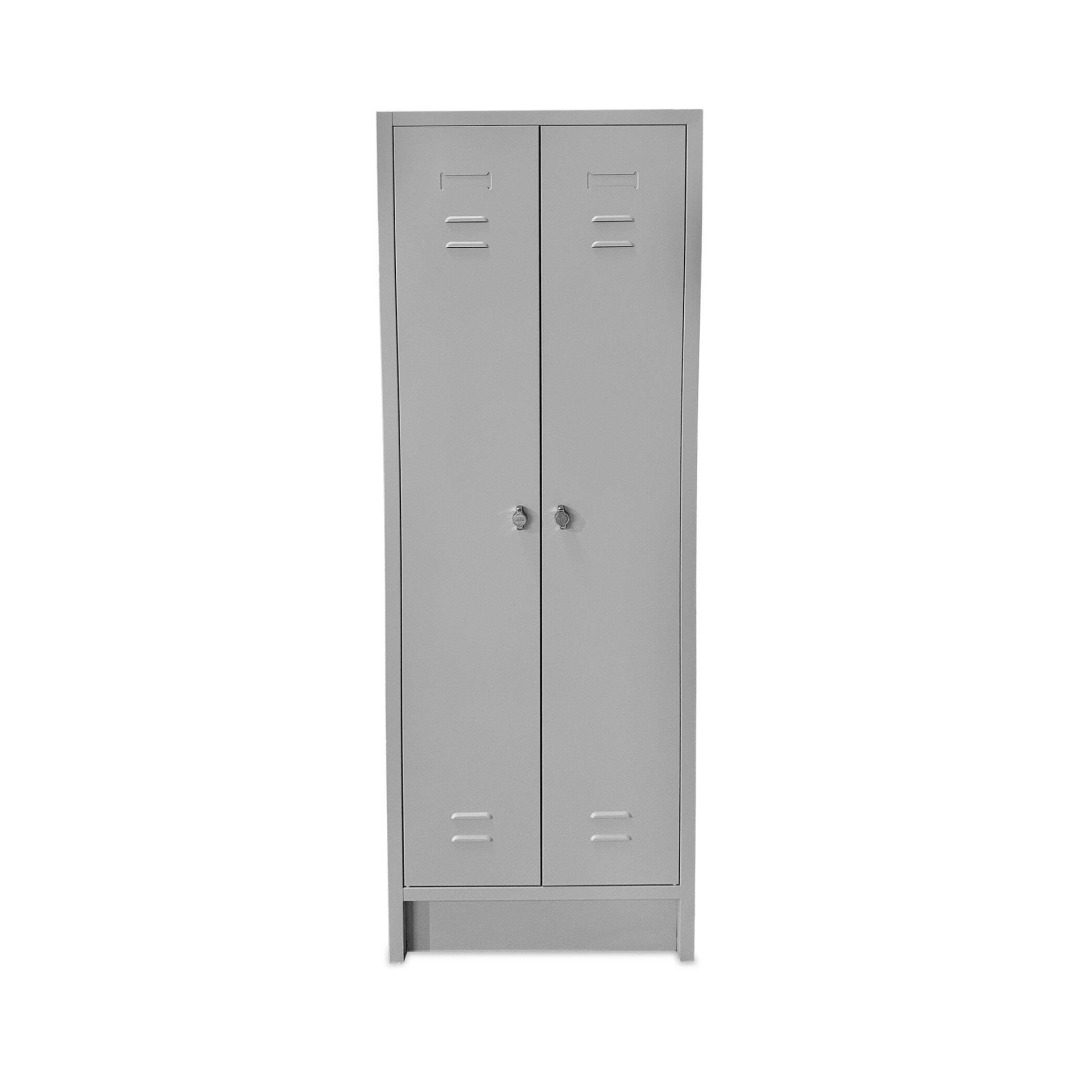 Wäschespind, 2 Abteile, 10 Fächer, Abteilbreite 30 cm, Höhe 180 cm, Breite 60 cm, RAL 7035 Lichtgrau, mit Sockel, Drehriegelschloss