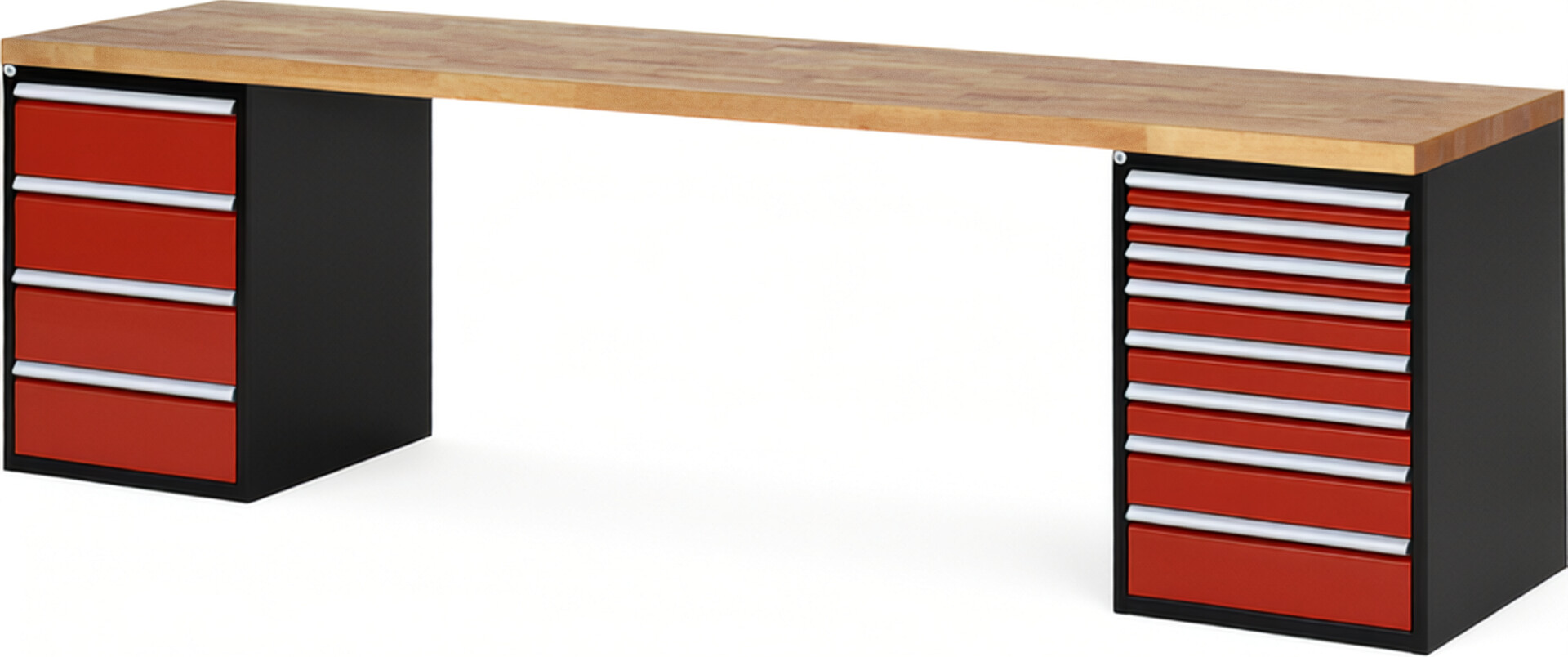 RAU Werkbank schwarz - rot - Breite 300 cm - Tiefe 70 cm - Höhe 89 cm - Buche-Massiv Arbeitsplatte 40 mm