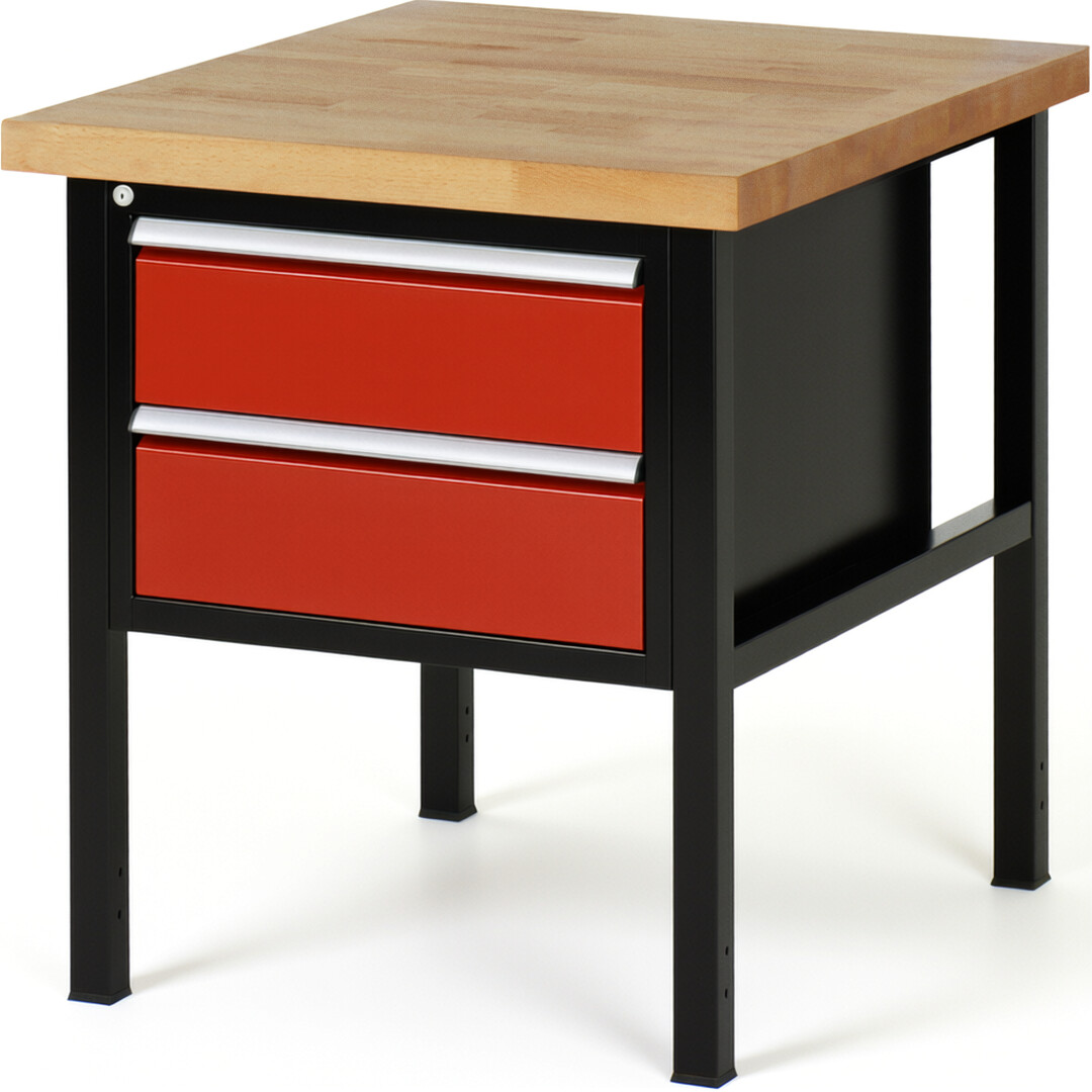 Werkbank Modell 8125 schwarz-rot, BxTxH 750x900x840-1040 mm,  Buche-Massiv Arbeitsplatte 40 mm,  2 Schubladen mit  Auszug 90 %