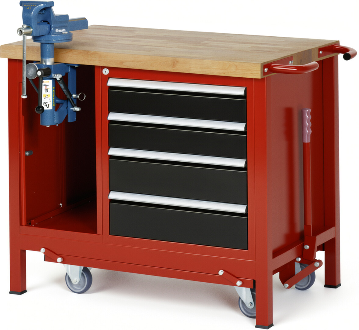 Absenkbare Werkbank Modell 8185 rot - schwarz, BxTxH 1000x700x880 mm,  Buche-Massiv Arbeitsplatte 40 mm,  4 Schubladen mit  Vollauszug 100 % und  SoftClosing