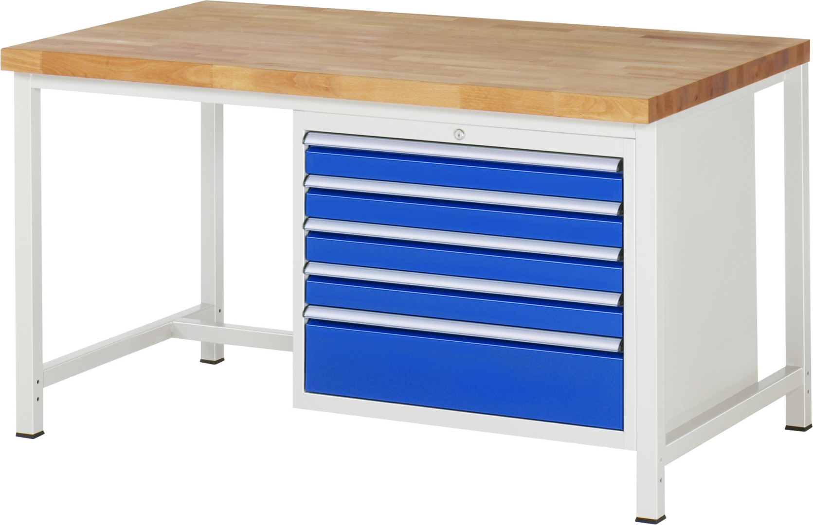 Werkbank Modell 8268,  BxTxH 1500x900x840-1040 mm,  Buche-Massiv Arbeitsplatte 40 mm,  5 Schubladen mit  Auszug 90 %