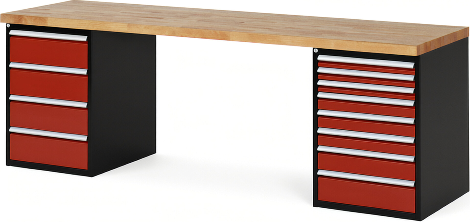 RAU Werkbank schwarz - rot - Breite 250 cm - Tiefe 70 cm - Höhe 84 cm - Buche-Massiv Arbeitsplatte 40 mm