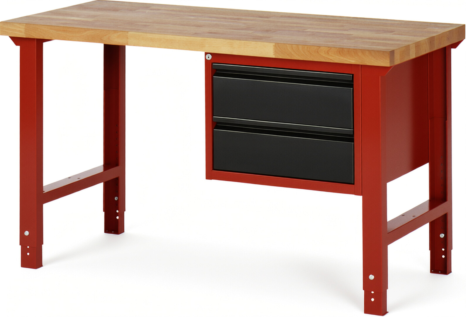 Werkbank rot - schwarz, BxTxH 1500x700x790-1140 mm, Platte Buche 40 mm 40 mm, 2 Schubladen 180 mm, RAL 3000/9011