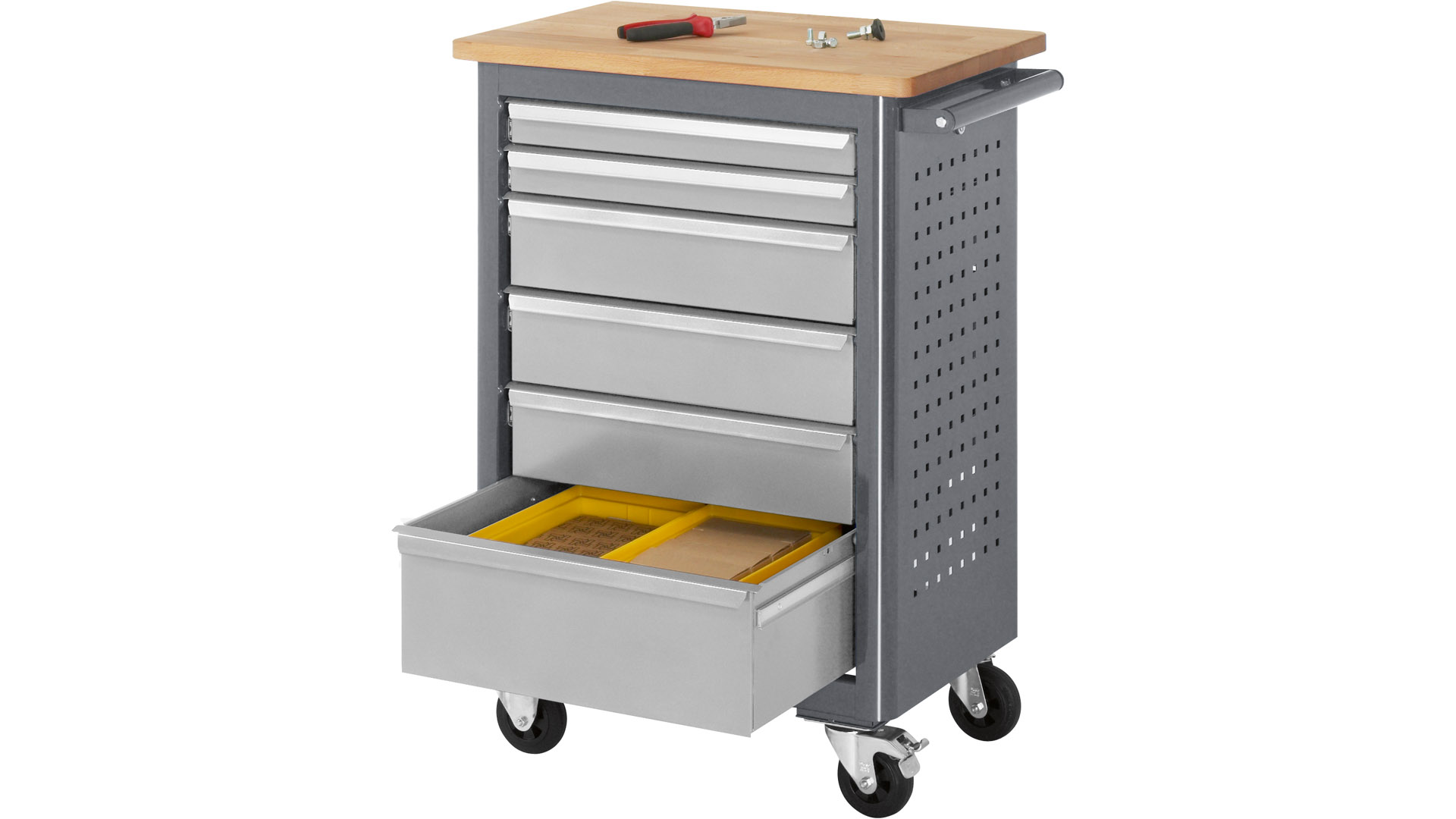 Werkstattwagen, Rollwerkbank mit Bucheplatte, 6 Schubladen: 2x65, 3x125, 1x190 mm, BxTxH 675x450x950 mm, RAL7016/RAL7035