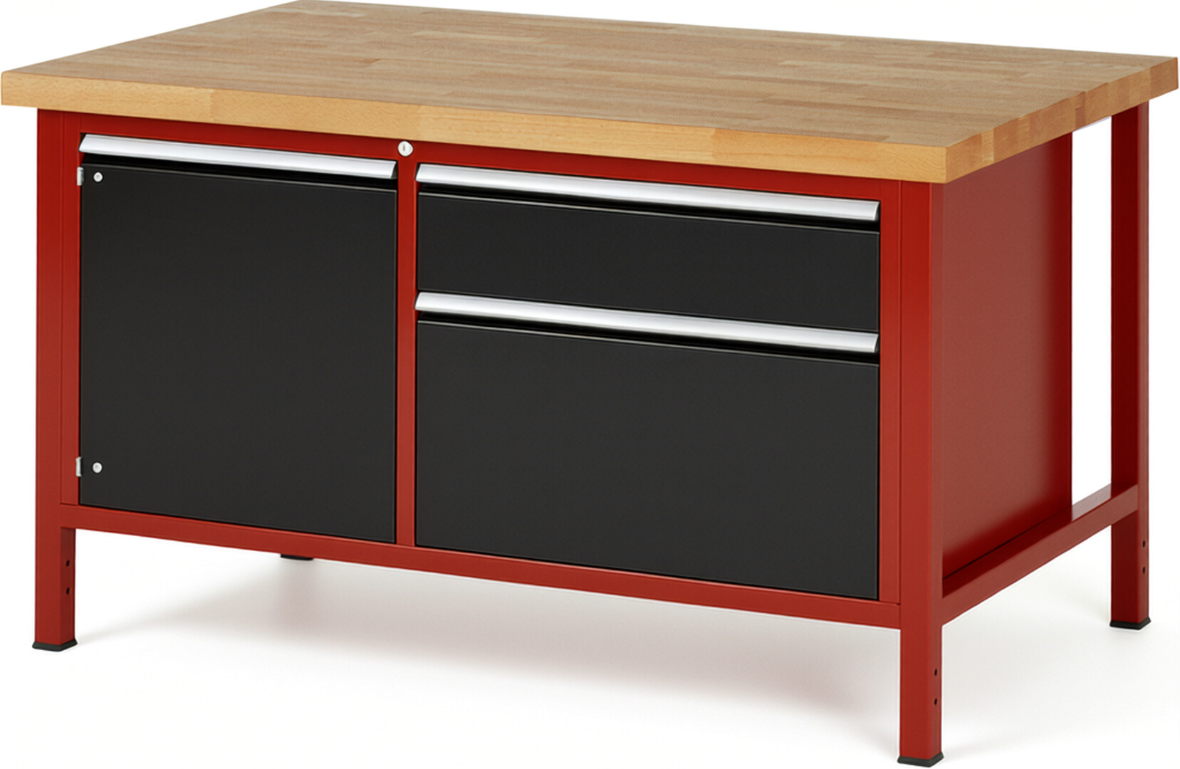 RAU Werkbank rot - schwarz - Breite 150 cm - Tiefe 90 cm - Höhe 104 cm - Buche-Massiv Arbeitsplatte 40 mm