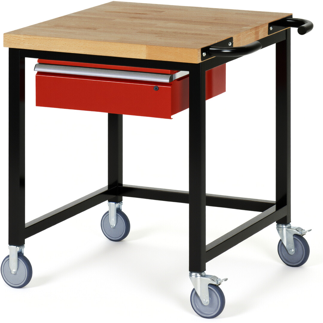 Fahrbare Werkbank Modell 8001 schwarz-rot, BxTxH 750x900x880-1080 mm,  Buche-Massiv Arbeitsplatte 40 mm,  1 Schublade mit  Auszug 90 %