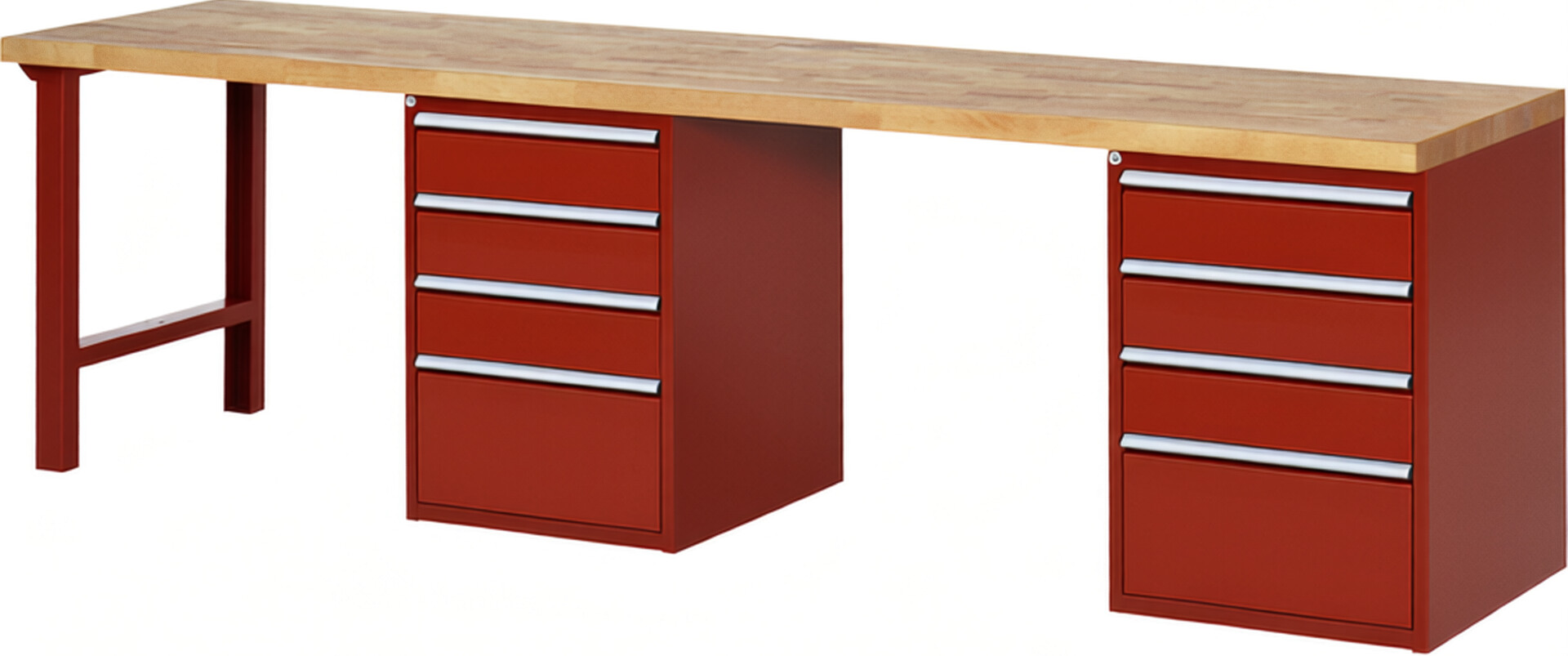Werkbank Modell 7510 rot, BxTxH 3000x700x890 mm,  Buche-Massiv Arbeitsplatte 40 mm,  8 Schubladen mit  Auszug 90 %