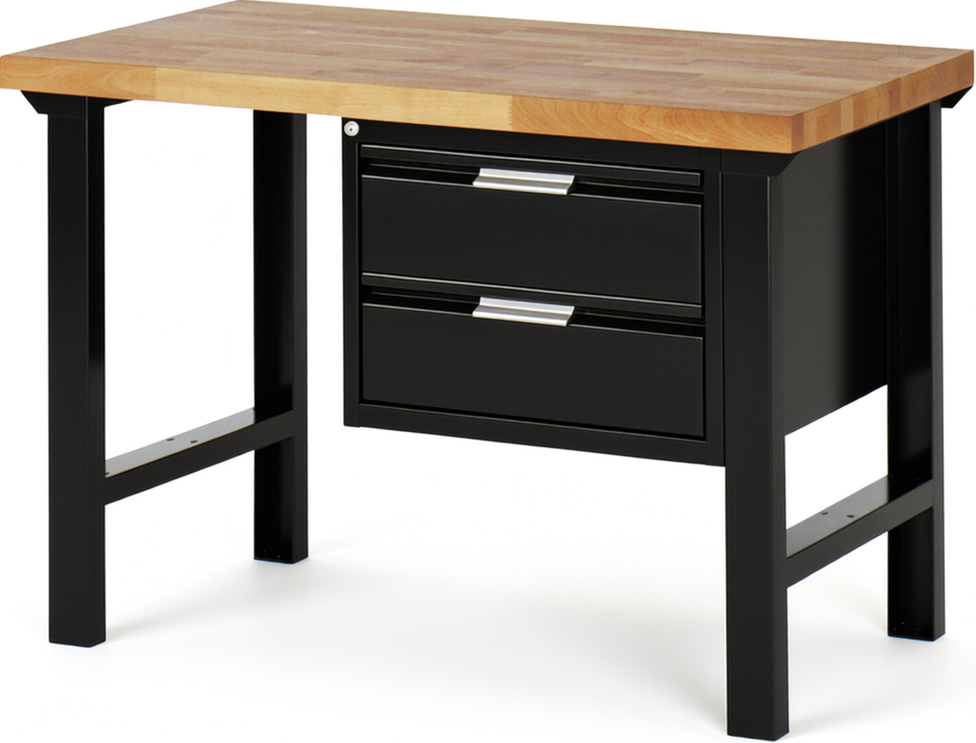 Werkbank schwarz, Breite 125 cm, Tiefe 70 cm, Höhe 84 cm, 2 Schublade(n), Platte: Buche-Massiv-Arbeitsplatte