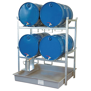 Fassregal, Stahl verzinkt, mit Fassauflage für 4x200-l-Fässer, GFK-Auffangwanne Auffangvolumen 220 l, BxTxH 1410x1280x1620 mm