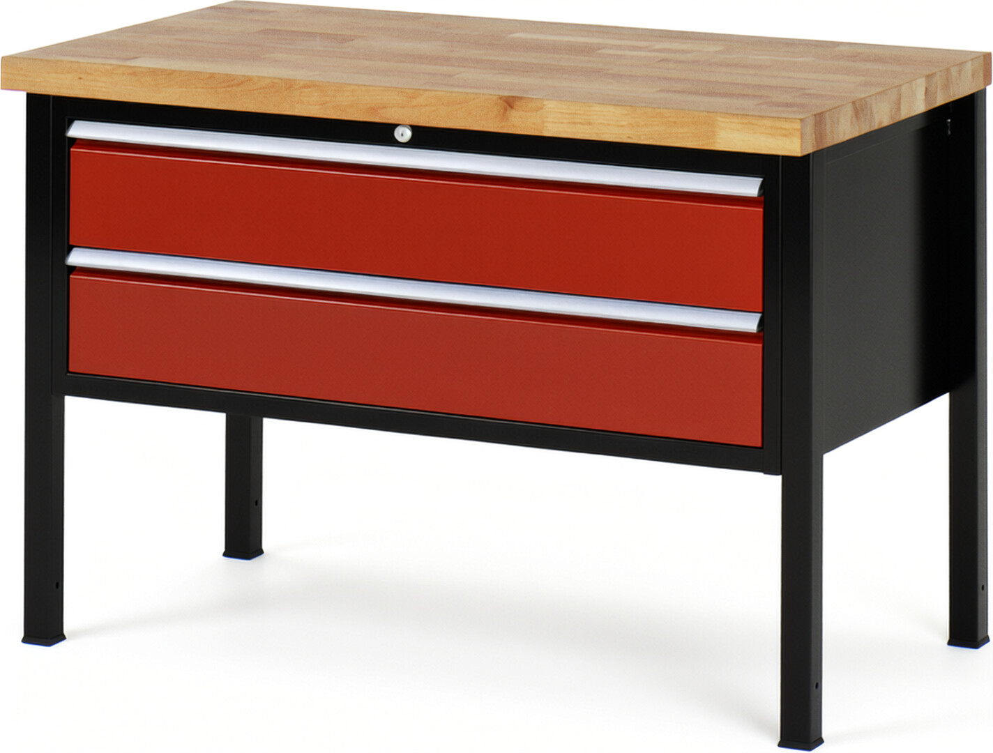 RAU Werkbank schwarz - rot - Breite 125 cm - Tiefe 70 cm - Höhe 104 cm - Buche-Massiv Arbeitsplatte 40 mm