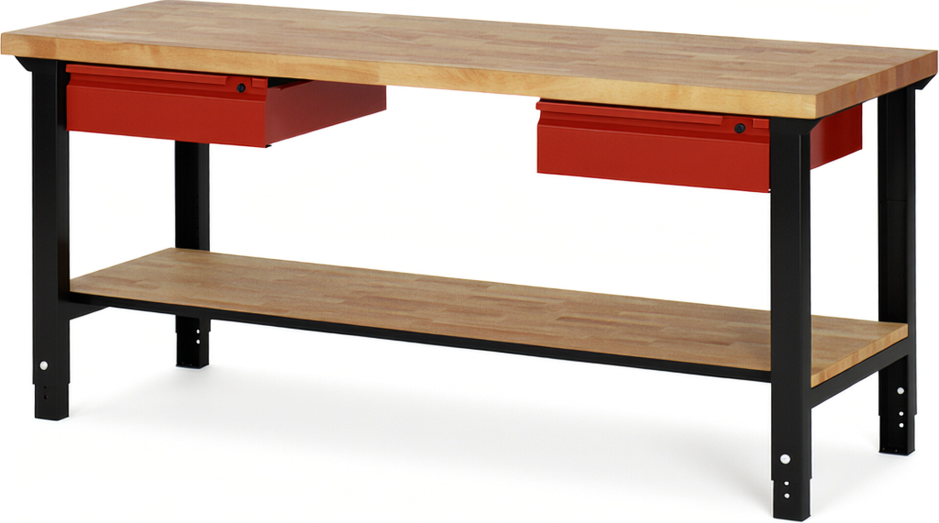 RAU Werkbank schwarz - rot - Breite 200 cm - Tiefe 70 cm - Höhe 114 cm - Buche-Massiv Arbeitsplatte 40 mm