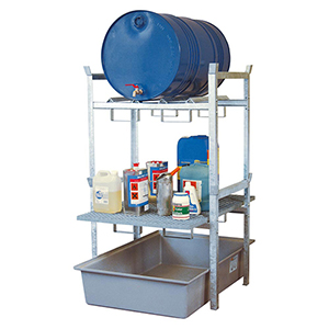 Fassregal, Stahl verzinkt, mit Fassauflage für 2x60-l-Fässer oder 1x200-l-Fass u. Gitterrostauflage, GFK-Auffangwanne 220 l, BxTxH 990x1280x1620 mm