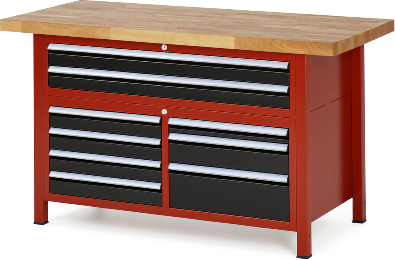 Werkbank Modell 8923 rot - schwarz, BxTxH 1500x700x840-1040 mm,  Buche-Massiv Arbeitsplatte 40 mm,  9 Schubladen mit  Vollauszug 100 % und  SoftClosing