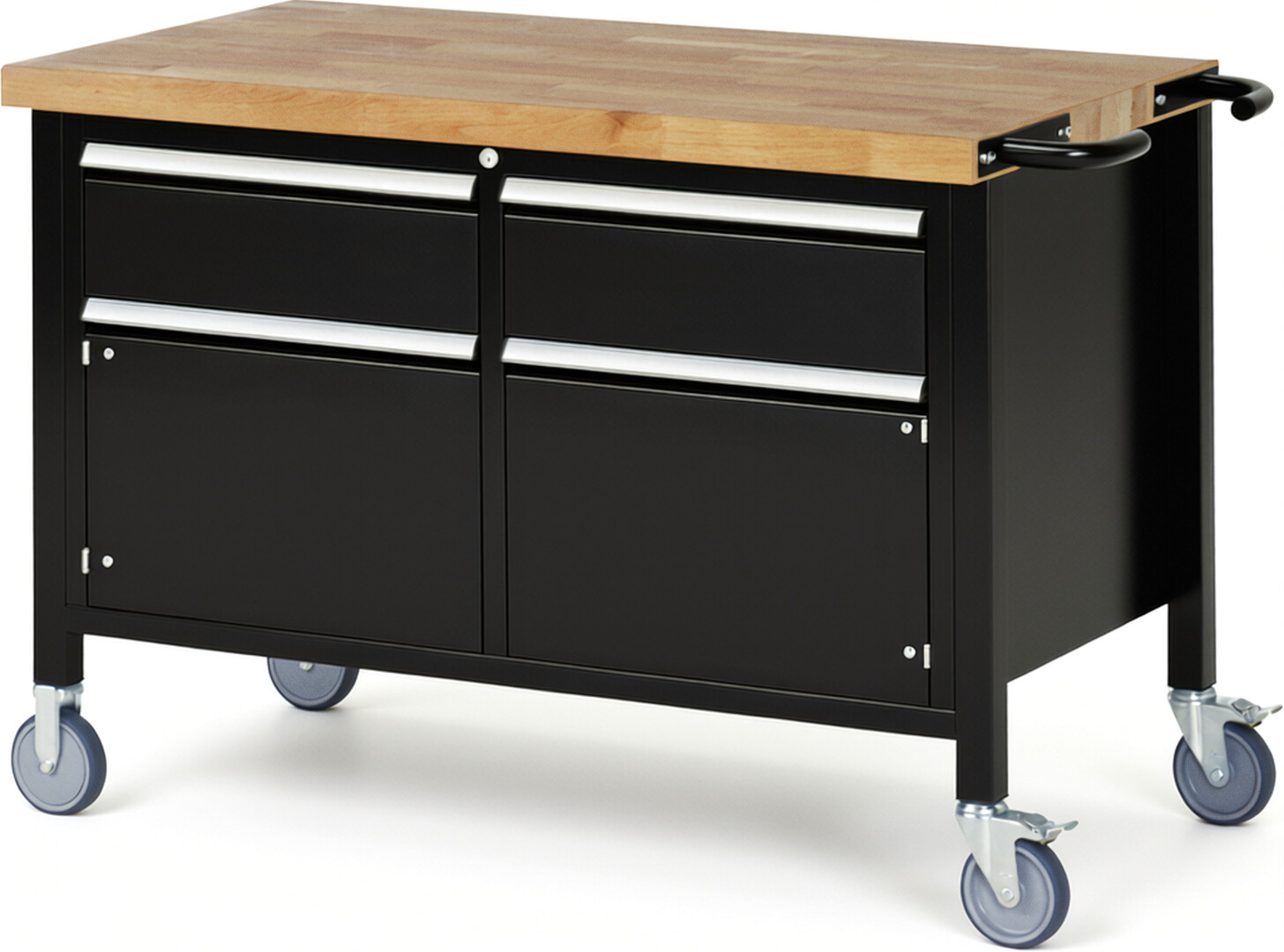 RAU Werkbank schwarz - Breite 125 cm - Tiefe 70 cm - Höhe 108 cm - Buche-Massiv Arbeitsplatte 40 mm