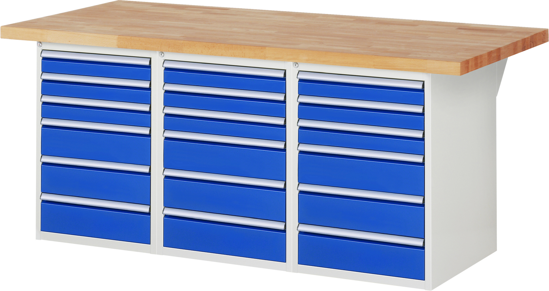 Werkbank Modell 7515 rot - schwarz, BxTxH 2000x900x840 mm,  Buche-Massiv Arbeitsplatte 40 mm,  18 Schubladen mit  Auszug 90 %