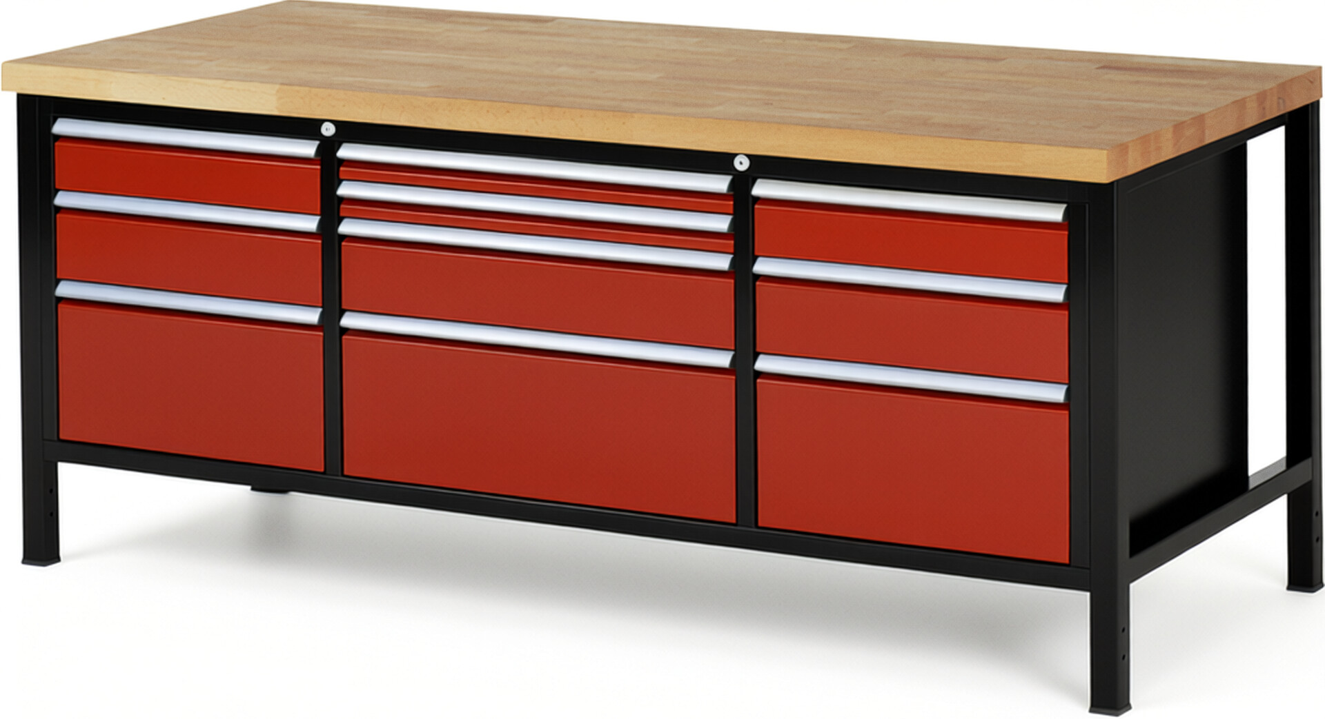 RAU Werkbank schwarz - rot - Breite 200 cm - Tiefe 90 cm - Höhe 104 cm - Buche-Massiv Arbeitsplatte 40 mm