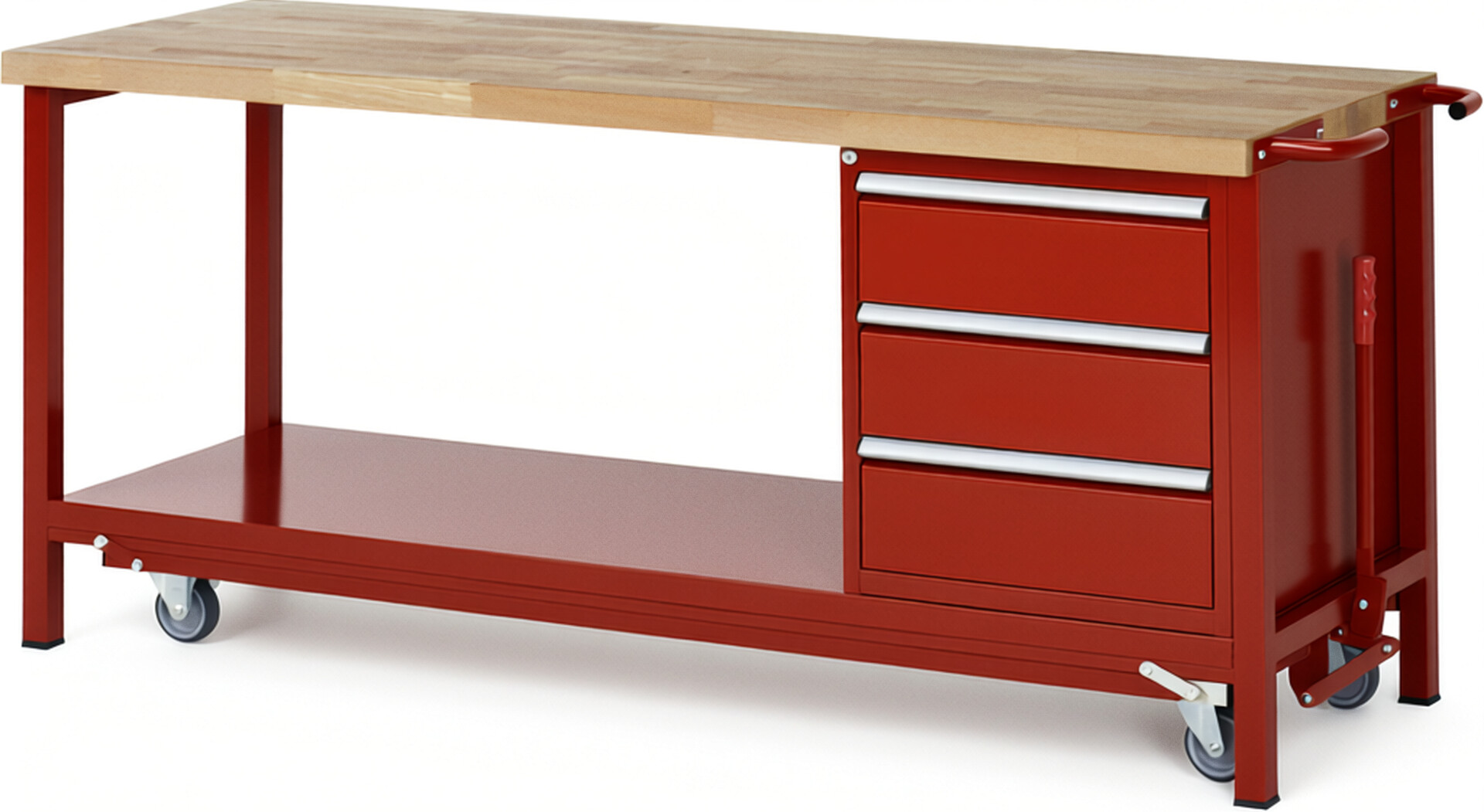 Absenkbare Werkbank Modell 8157 rot, BxTxH 2000x700x880 mm,  Buche-Massiv Arbeitsplatte 40 mm,  3 Schubladen mit  Vollauszug 100 % und  SoftClosing