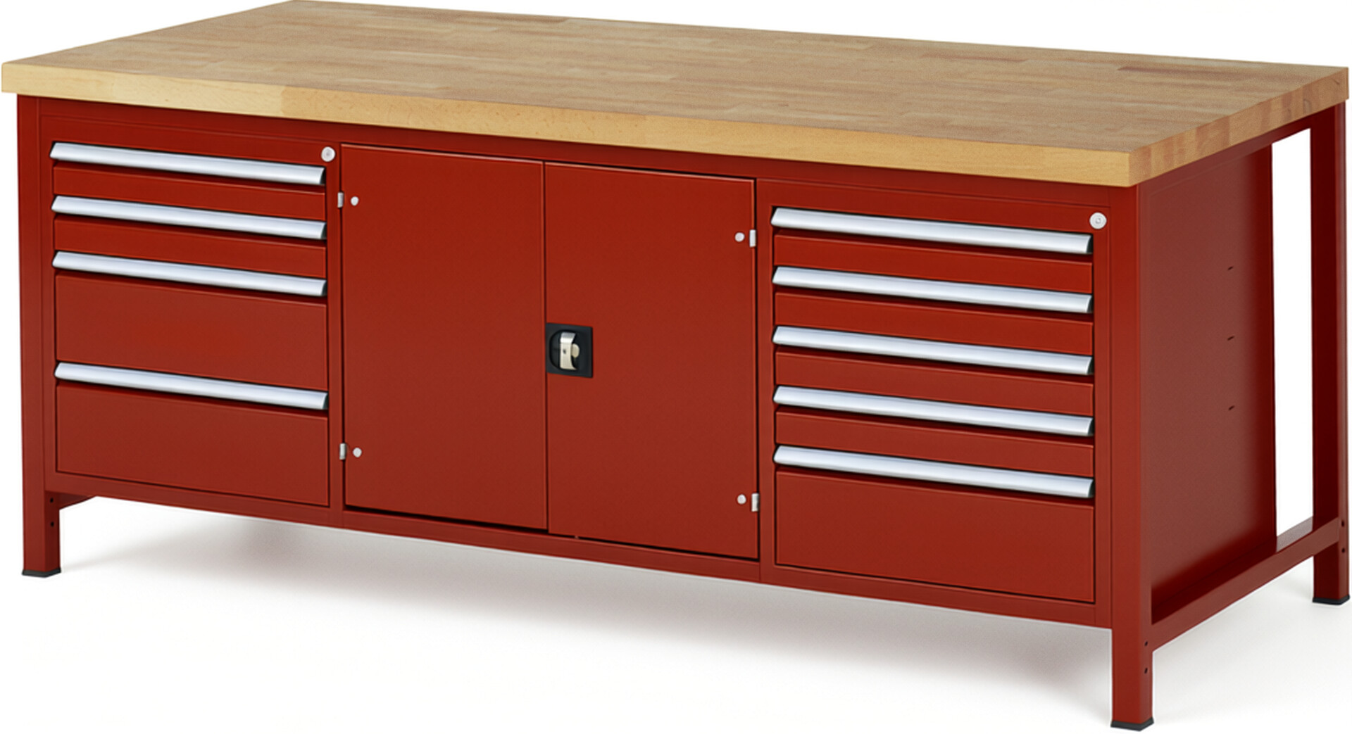 Werkbank Modell 8908 rot, BxTxH 2000x900x840-1040 mm,  Buche-Massiv Arbeitsplatte 40 mm,  9 Schubladen mit  Vollauszug 100 % und  SoftClosing