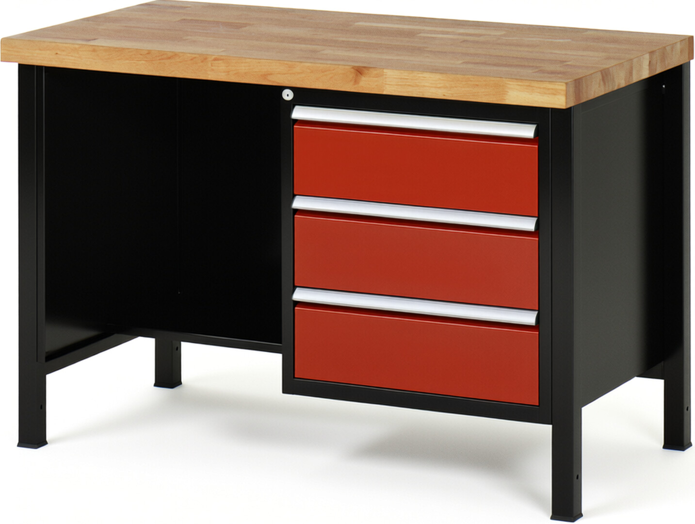 RAU Werkbank schwarz - rot - Breite 125 cm - Tiefe 70 cm - Höhe 104 cm - Buche-Massiv Arbeitsplatte 40 mm