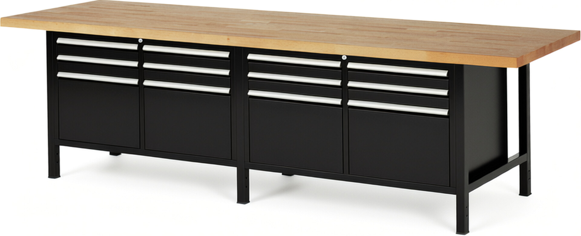 Werkbank Modell 8474 schwarz, BxTxH 3000x900x840-1040 mm,  Buche-Massiv Arbeitsplatte 40 mm,  12 Schubladen mit  Auszug 90 %