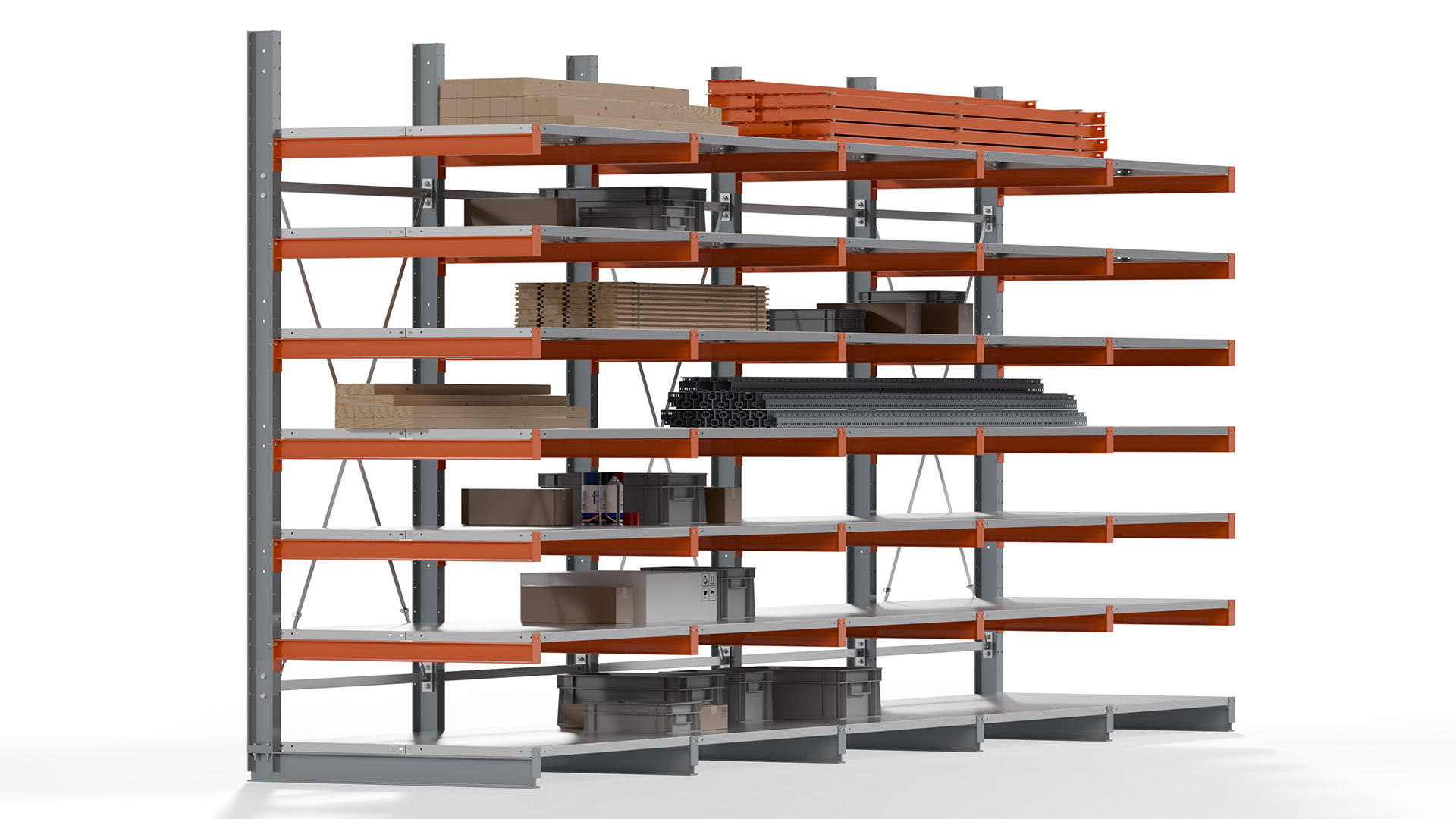 Kragarmregal KARL basic - lackiert - Breite: 640 cm - Höhe: 300 cm - Tiefe: 120 cm - Traglast je Kragarm: 370 kg - einseitig