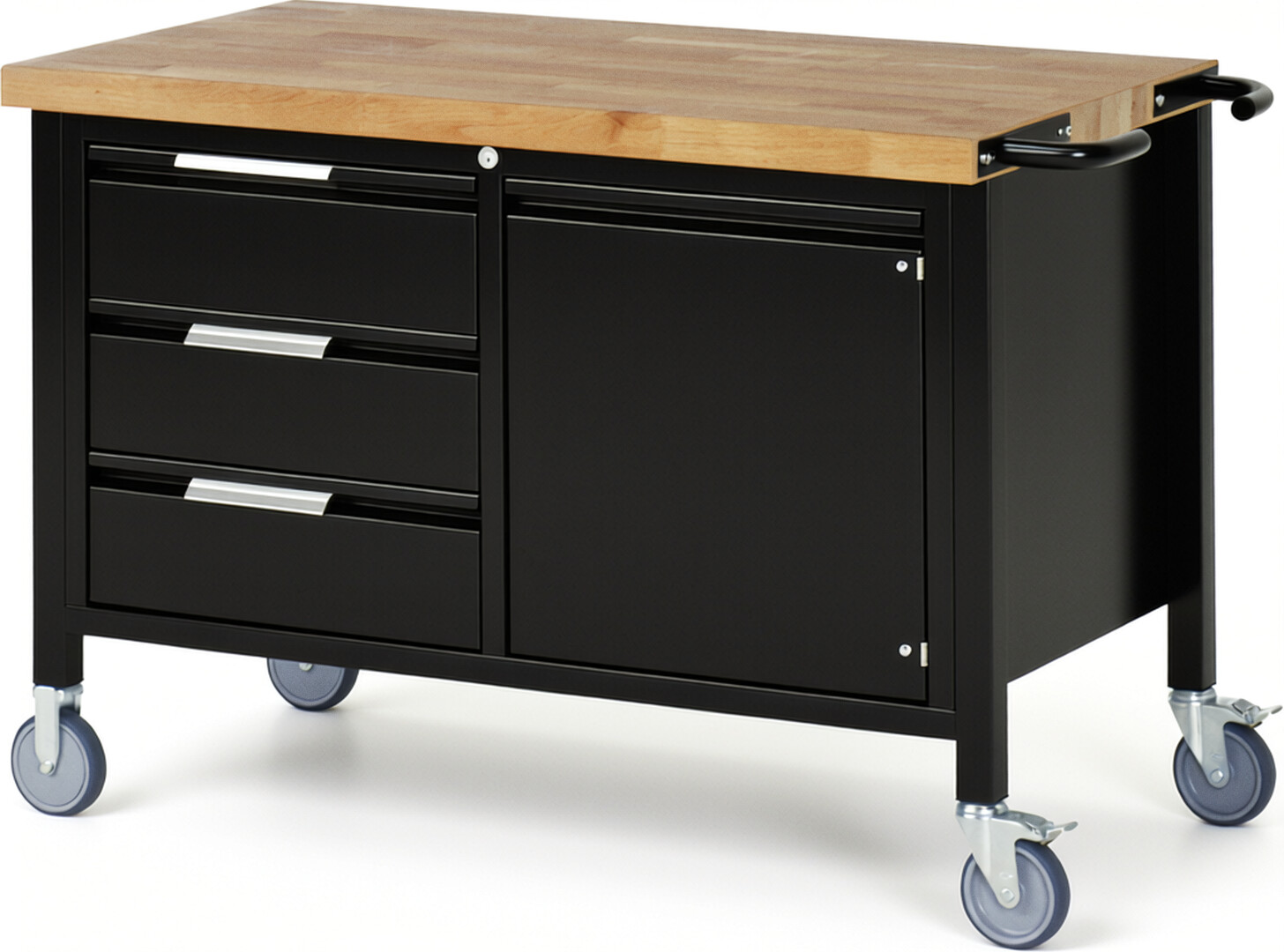 Fahrbare Werkbank - Modell 8468 BASIC schwarz, BxTxH 1250x700x880 mm,  Buche-Massiv Arbeitsplatte 40 mm,  3 Schubladen mit  Auszug 90 %