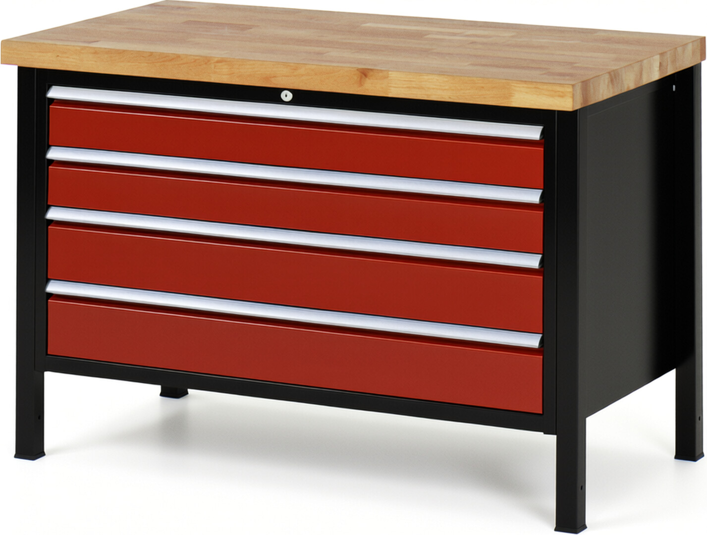 RAU Werkbank schwarz - rot - Breite 125 cm - Tiefe 70 cm - Höhe 104 cm - Buche-Massiv Arbeitsplatte 40 mm