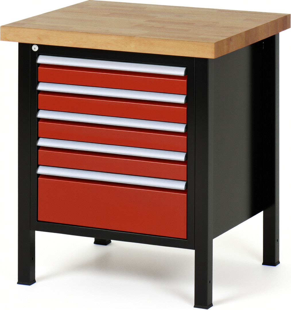 Werkbank Modell 8168 schwarz-rot, BxTxH 750x700x840-1040 mm,  Buche-Massiv Arbeitsplatte 40 mm,  5 Schubladen mit  Vollauszug 100 % und  SoftClosing
