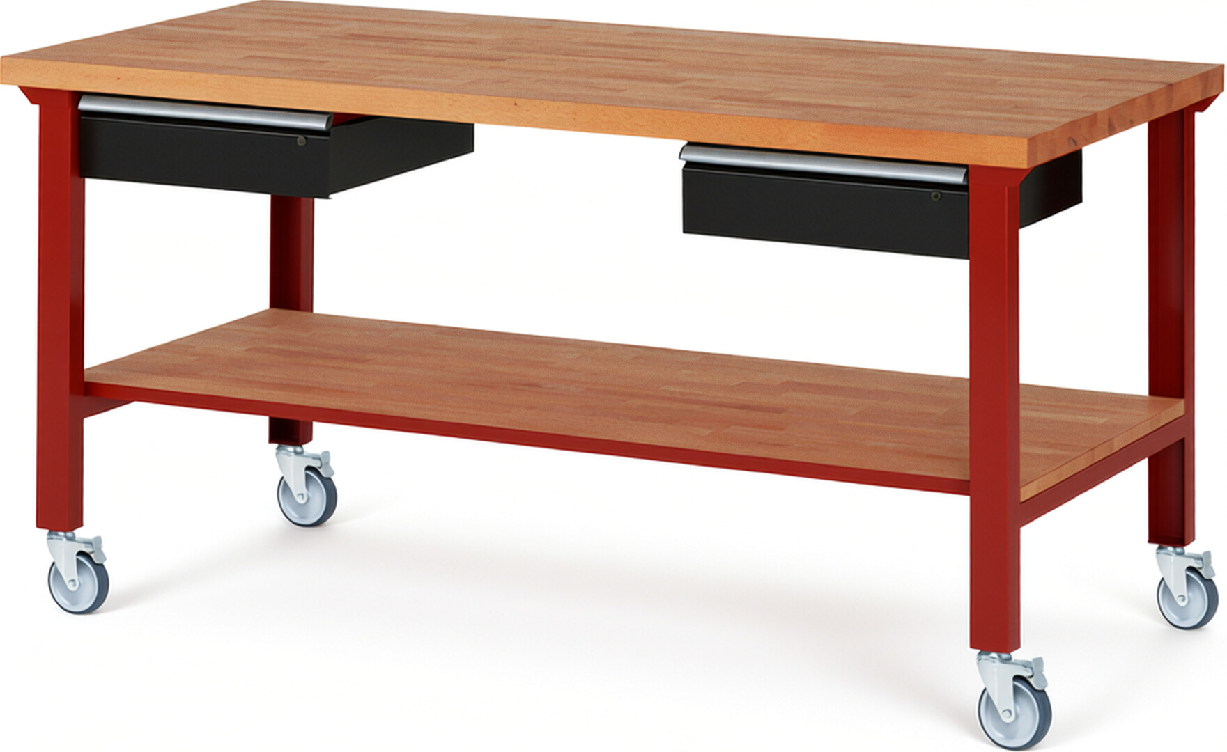 Fahrbare Werkbank Modell 7002 rot - schwarz, BxTxH 2000x900x1000 mm,  Buche-Massiv Arbeitsplatte 40 mm,  2 Schubladen mit  Auszug 90 %