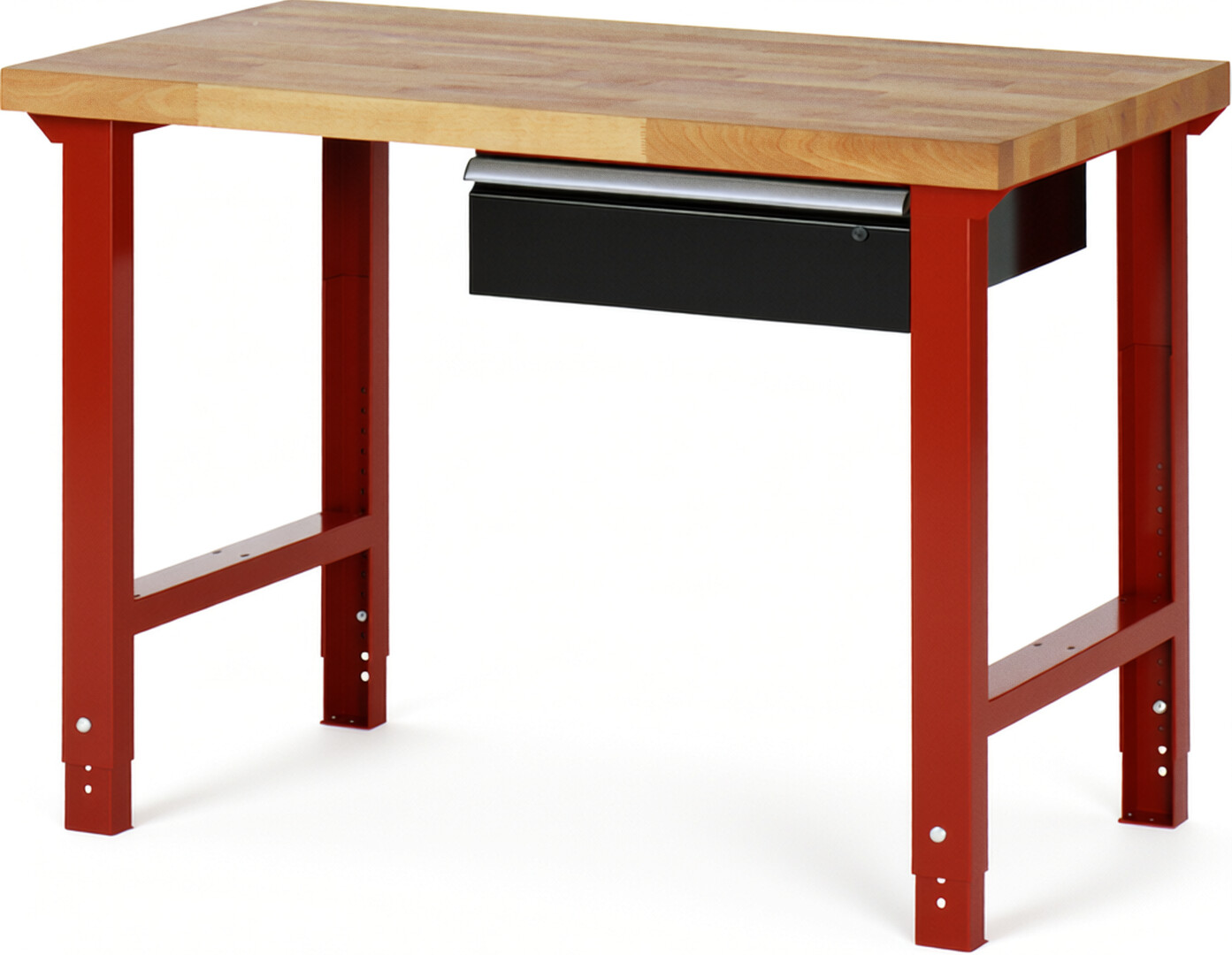 Werkbank Modell 7001 rot - schwarz, BxTxH 1250x700x790-1140 mm,  Buche-Massiv Arbeitsplatte 40 mm,  1 Schublade mit  Auszug 90 %