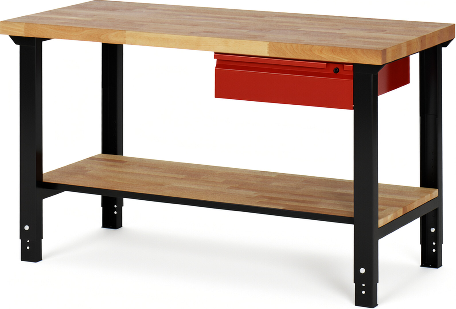 RAU Werkbank schwarz - rot - Breite 150 cm - Tiefe 70 cm - Höhe 114 cm - Buche-Massiv Arbeitsplatte 40 mm