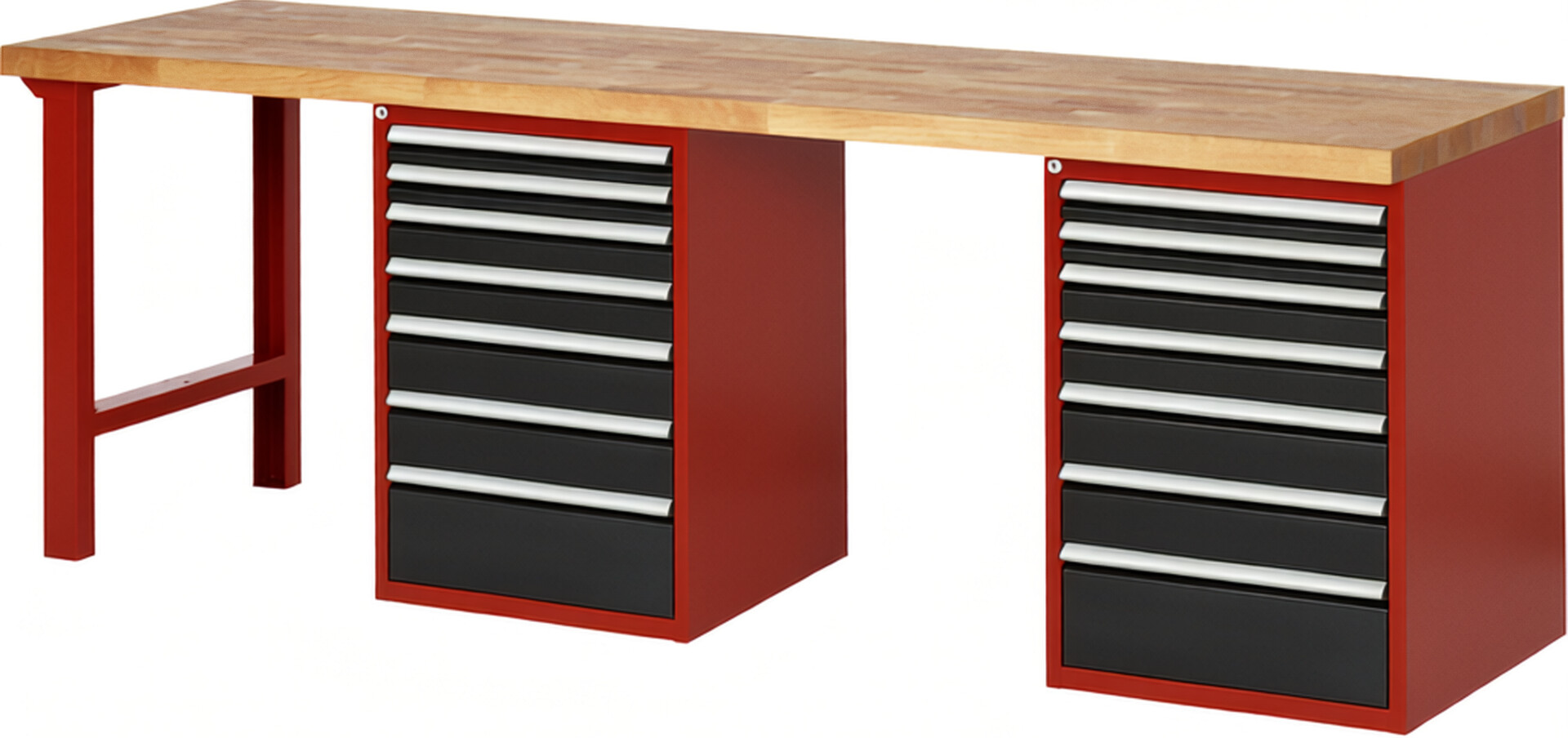 Werkbank Modell 7517 rot - schwarz, BxTxH 2500x700x890 mm,  Buche-Massiv Arbeitsplatte 40 mm,  14 Schubladen mit  Vollauszug 100 % und  SoftClosing