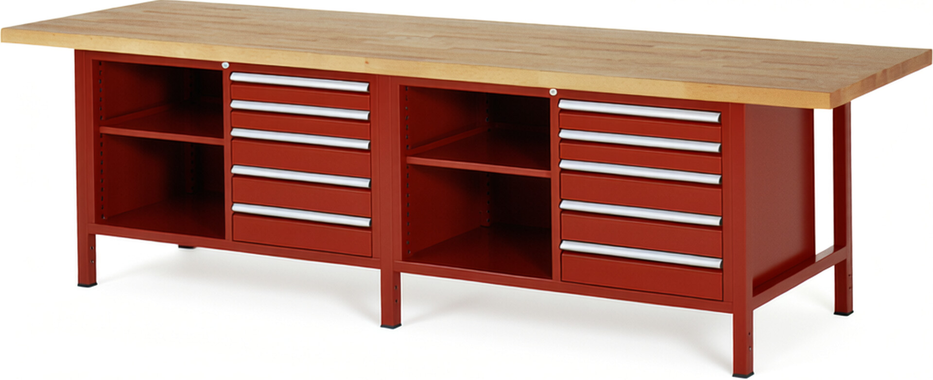 Werkbank Modell 8464 rot, BxTxH 3000x900x840 mm,  Buche-Massiv Arbeitsplatte 40 mm,  10 Schubladen mit  Auszug 90 %