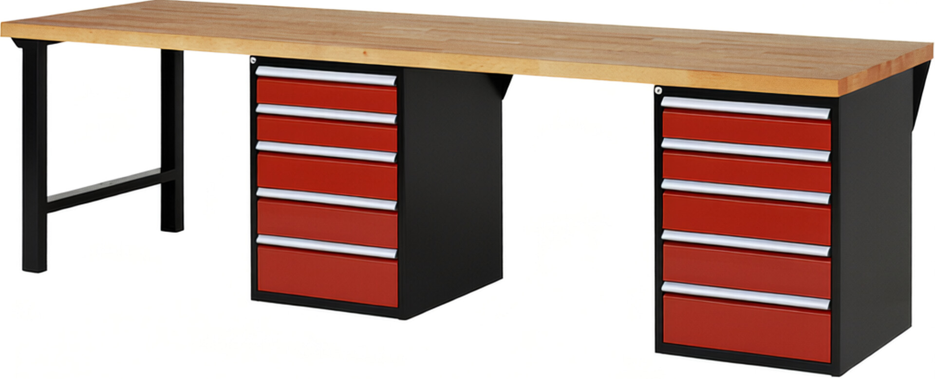 RAU Werkbank schwarz - rot - Breite 300 cm - Tiefe 90 cm - Höhe 89 cm - Buche-Massiv Arbeitsplatte 40 mm