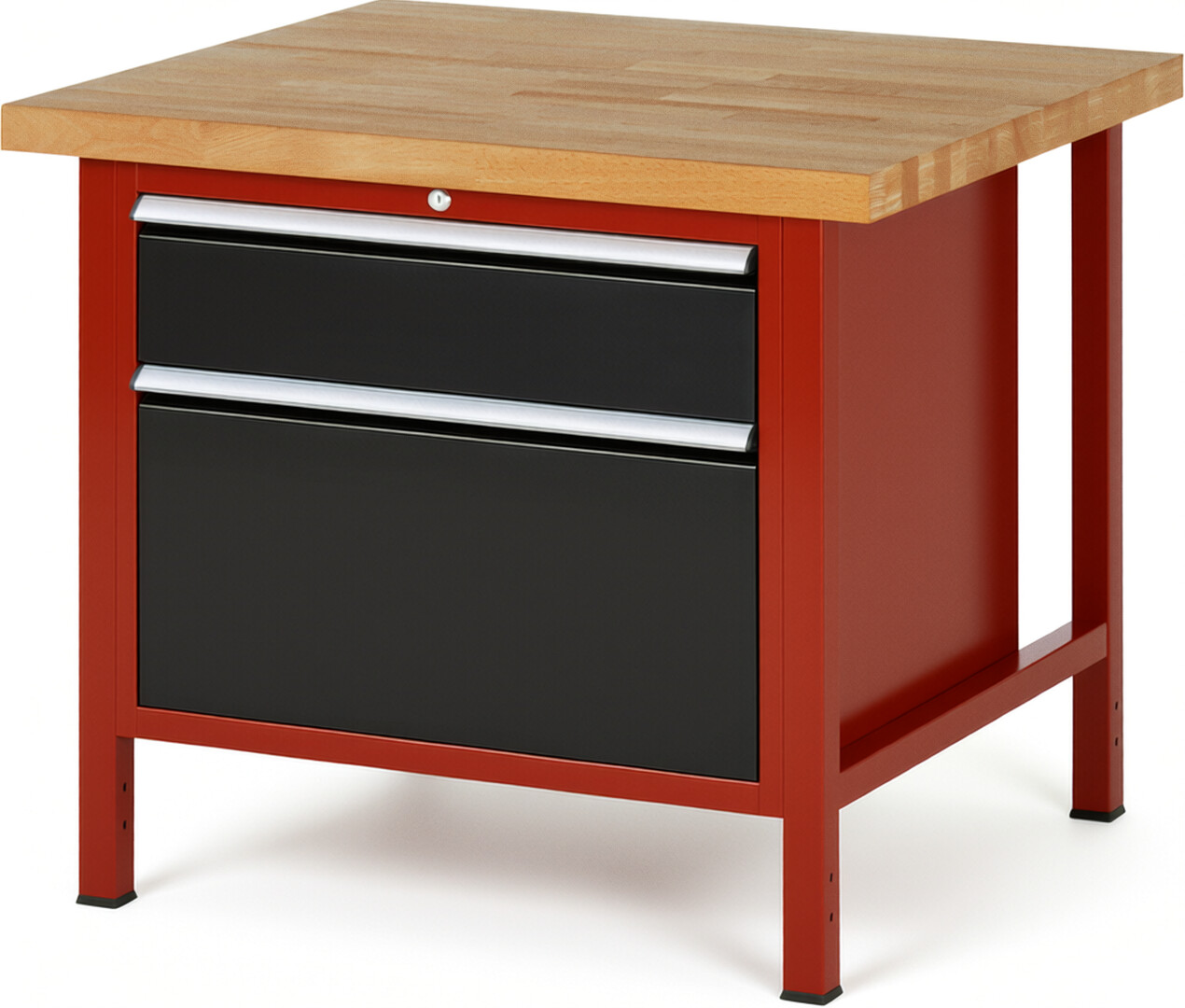 Werkbank Modell 8256 rot - schwarz, BxTxH 1000x900x840-1040 mm,  Buche-Massiv Arbeitsplatte 40 mm,  2 Schubladen mit  Auszug 90 %