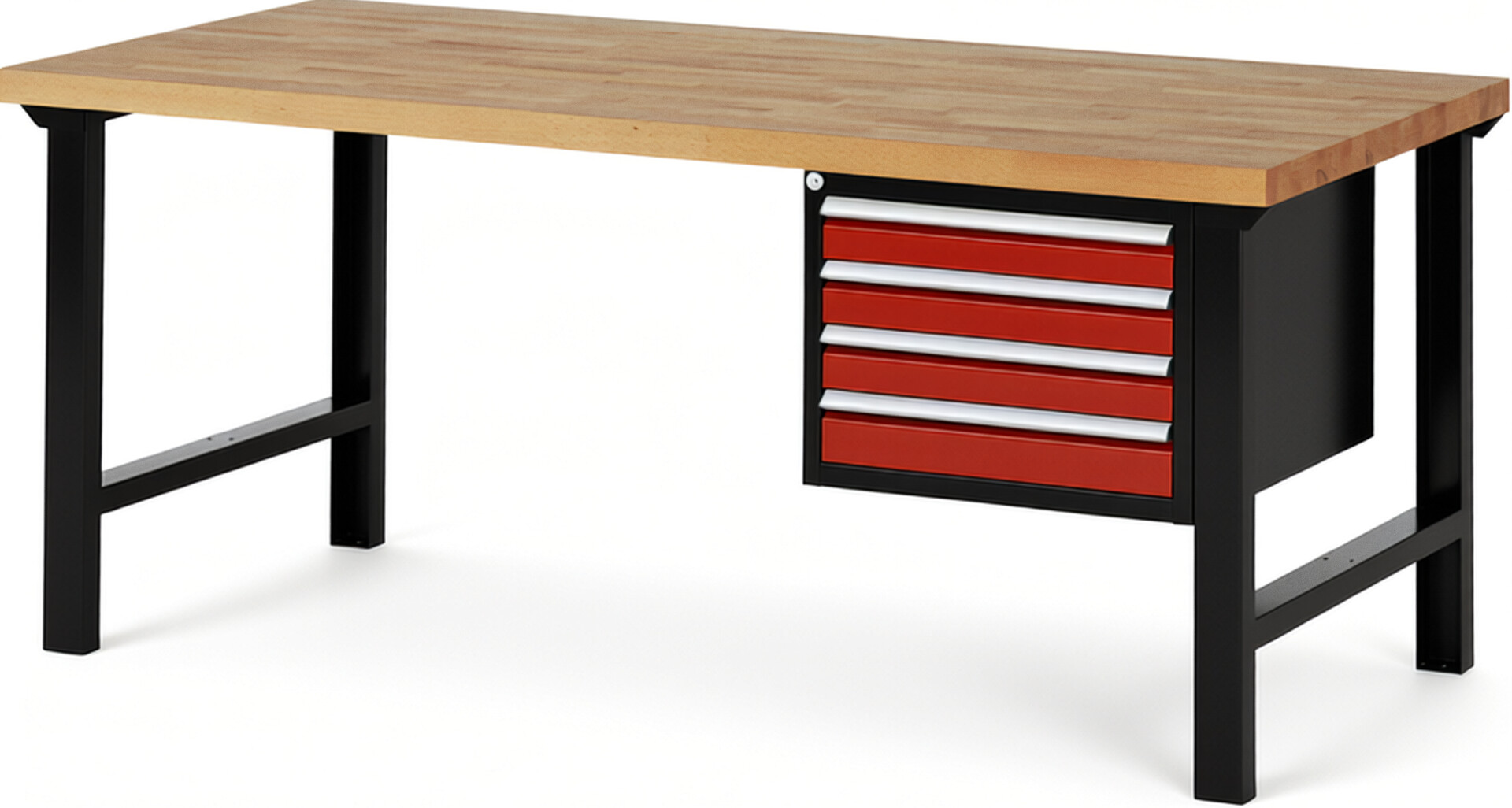 RAU Werkbank schwarz - rot - Breite 200 cm - Tiefe 90 cm - Höhe 84 cm - Buche-Massiv Arbeitsplatte 40 mm