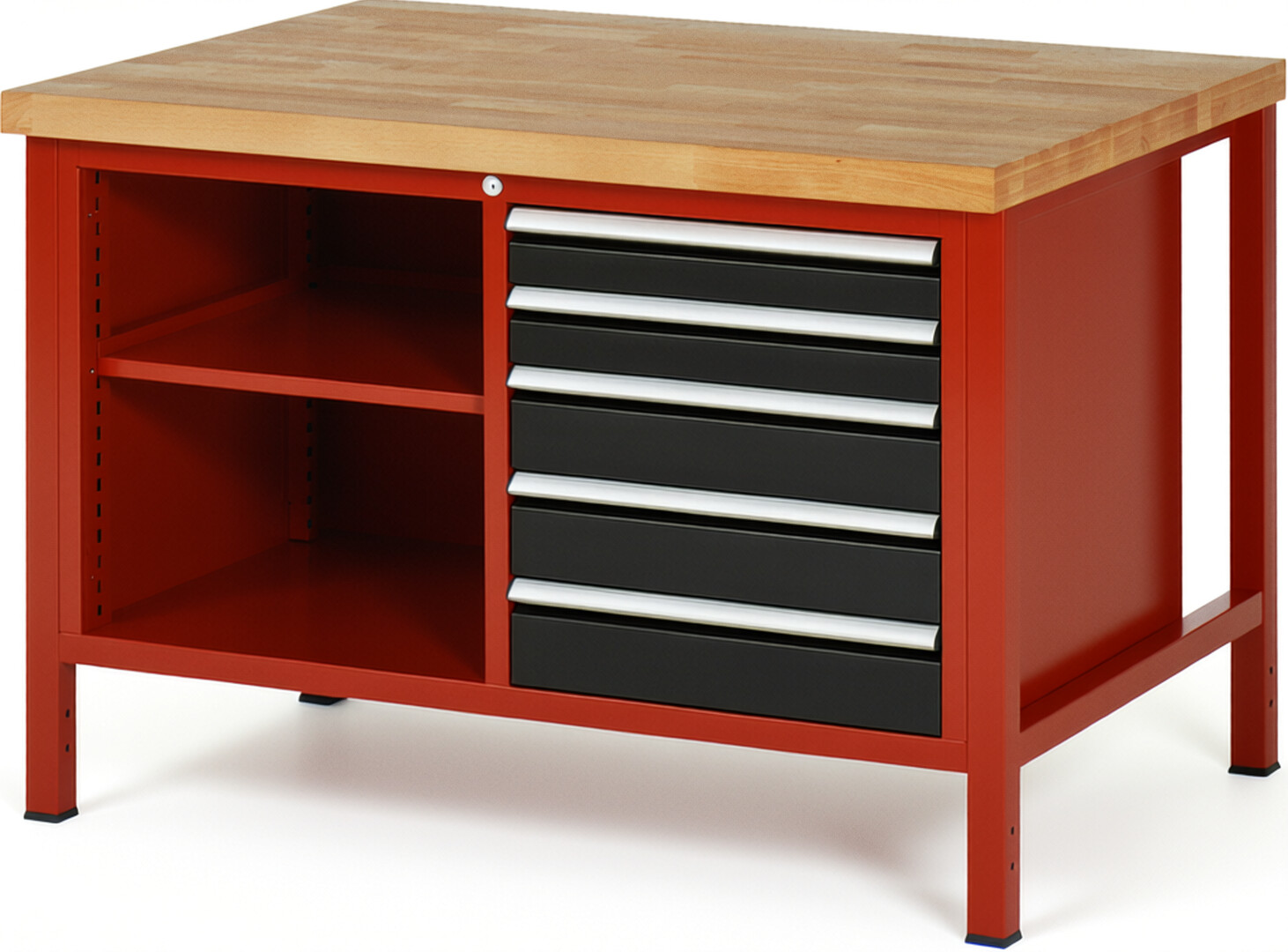 Werkbank Modell 8464 rot - schwarz, BxTxH 1250x900x840 mm,  Buche-Massiv Arbeitsplatte 40 mm,  5 Schubladen mit  Vollauszug 100 % und  SoftClosing