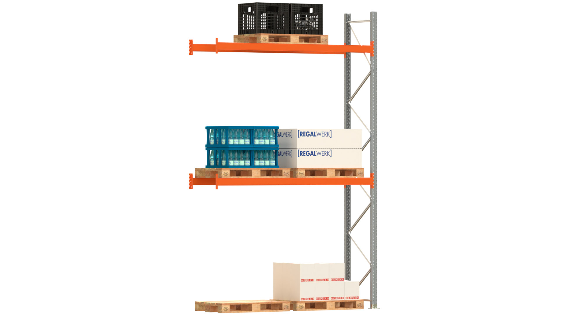 Palettenregal ARTUS - Anbaufeld - Breite 278,5 cm - Höhe 450 cm - Tiefe 80 cm - 2 Träger Ebenen