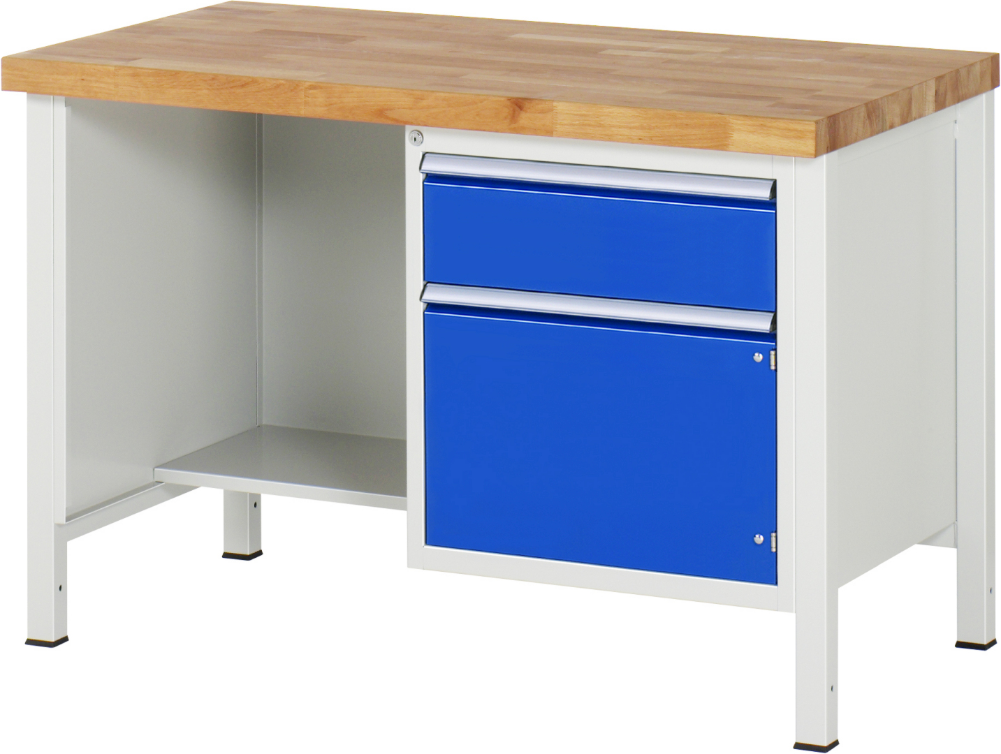 Werkbank Modell 8455 rot - schwarz, BxTxH 1250x700x840 mm,  Buche-Massiv Arbeitsplatte 40 mm,  1 Schublade mit  Vollauszug 100 % und  SoftClosing