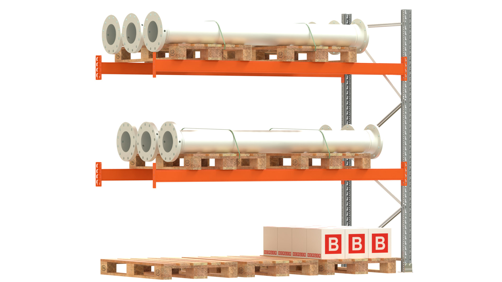 Palettenregal ARTUS - Anbaufeld - Breite 278,5 cm - Höhe 250 cm - Tiefe 110 cm - 2 Träger Ebenen