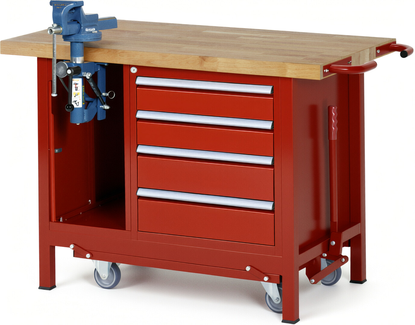 RAU Werkbank rot - Breite 125 cm - Tiefe 70 cm - Höhe 88 cm - Buche-Massiv Arbeitsplatte 40 mm