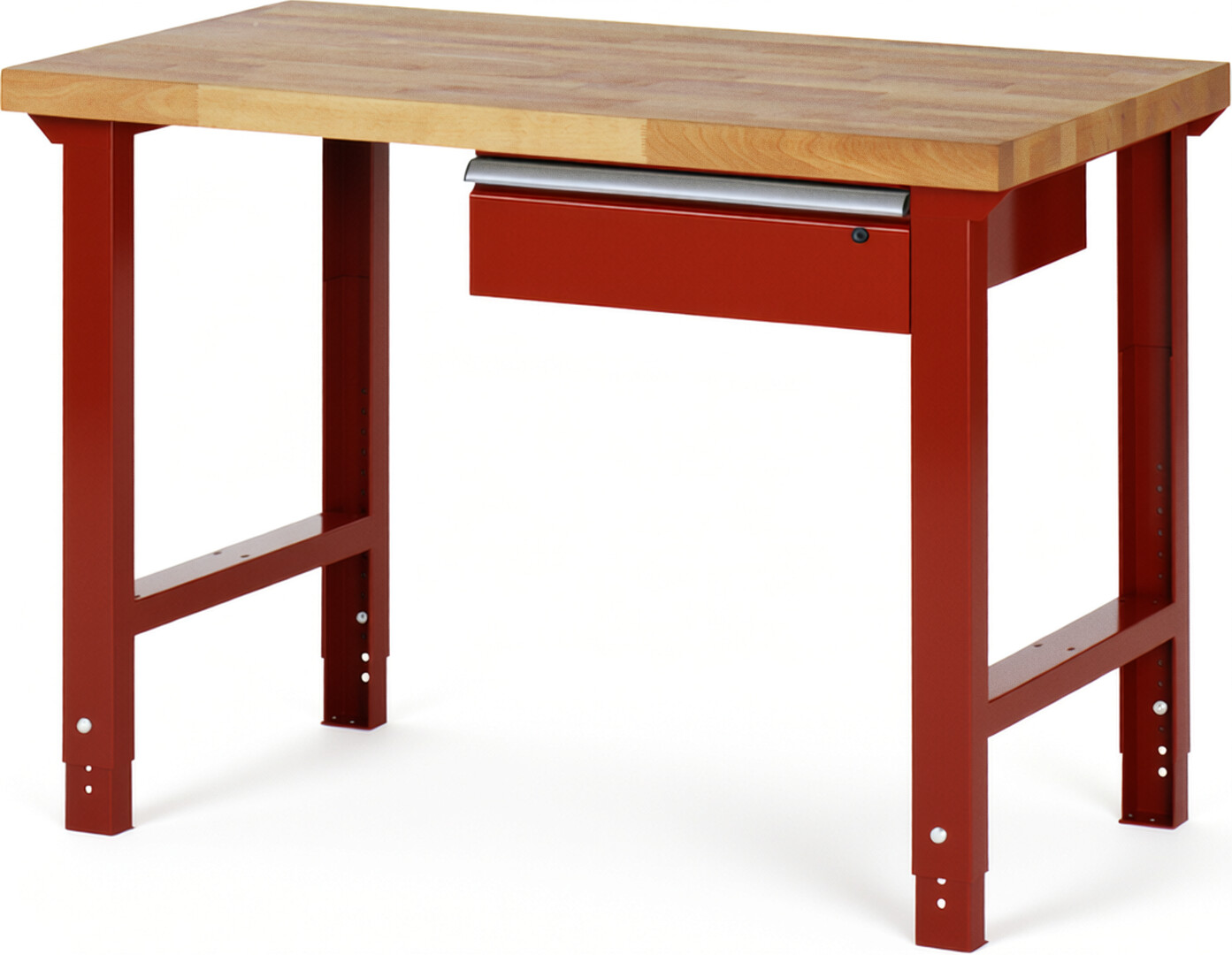 Werkbank Modell 7001 rot, BxTxH 1250x700x790-1140 mm,  Buche-Massiv Arbeitsplatte 40 mm,  1 Schublade mit  Auszug 90 %