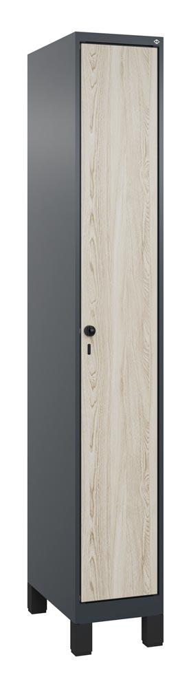 Garderobenschrank, Füße, 1 Abt., Abt.B 300 mm, BxTxH 300x500x1950 mm, HPL-Dekorfront, RAL 7016/Dekor Sen-Esche