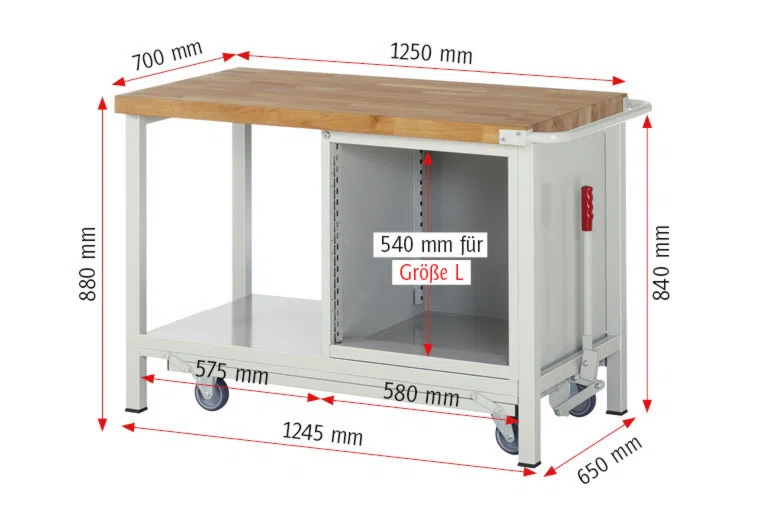 Absenkbare Werkbank Modell 8162 rot - schwarz, BxTxH 1250x700x880 mm,  Buche-Massiv Arbeitsplatte 40 mm,  4 Schubladen mit  Vollauszug 100 % und  SoftClosing
