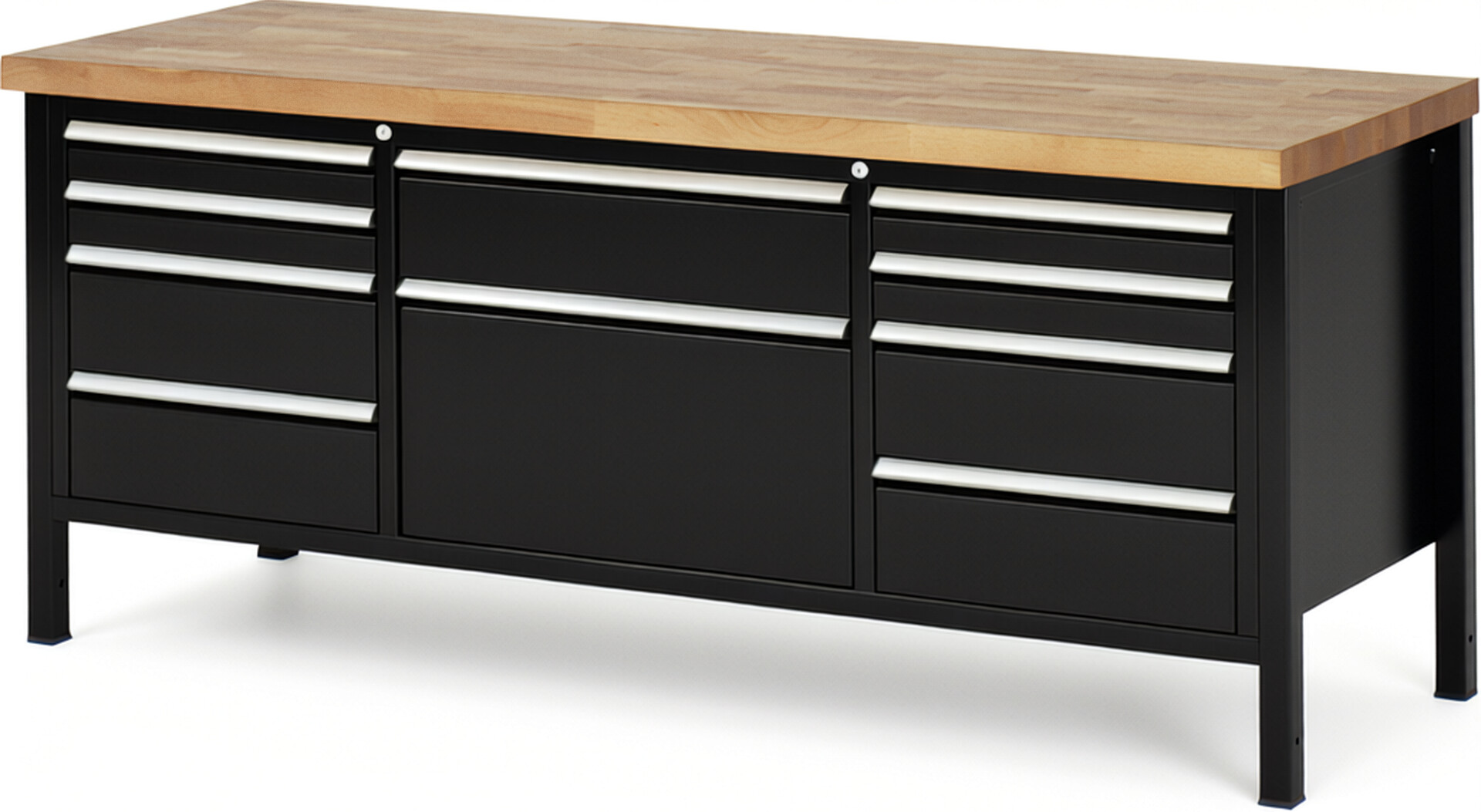 Werkbank Modell 8755 schwarz, BxTxH 2000x700x840-1040 mm,  Buche-Massiv Arbeitsplatte 40 mm,  10 Schubladen mit  Vollauszug 100 % und  SoftClosing
