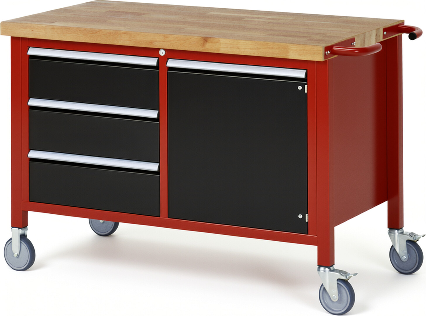 Fahrbare Werkbank Modell 8468 rot - schwarz, BxTxH 1250x700x880 mm,  Buche-Massiv Arbeitsplatte 40 mm,  3 Schubladen mit  Auszug 90 %