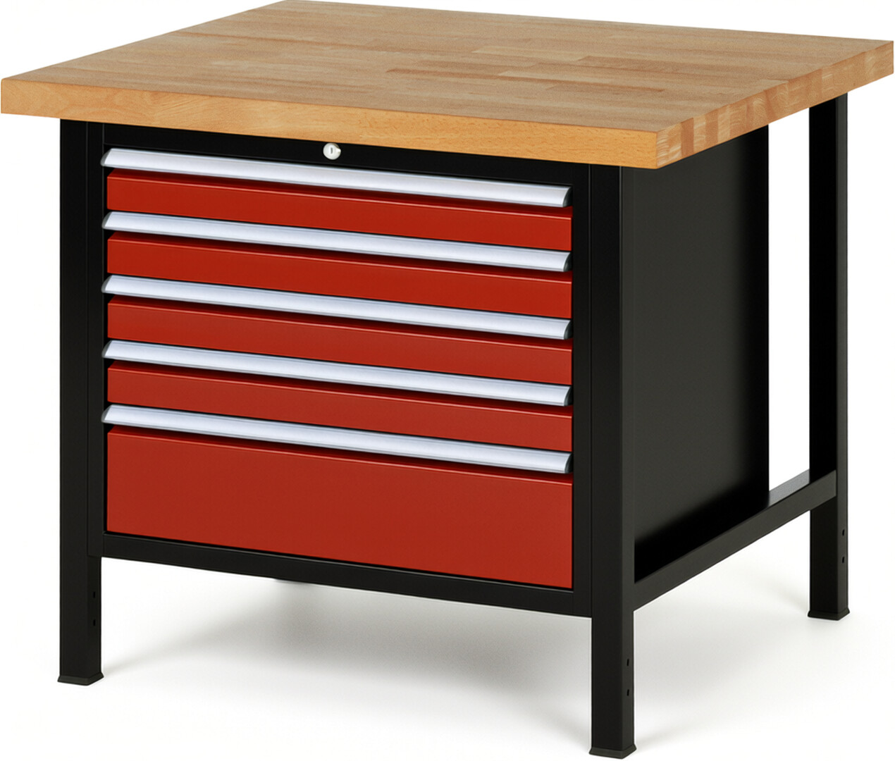 Werkbank Modell 8268 schwarz-rot, BxTxH 1000x900x840 mm,  Buche-Massiv Arbeitsplatte 40 mm,  5 Schubladen mit  Auszug 90 %