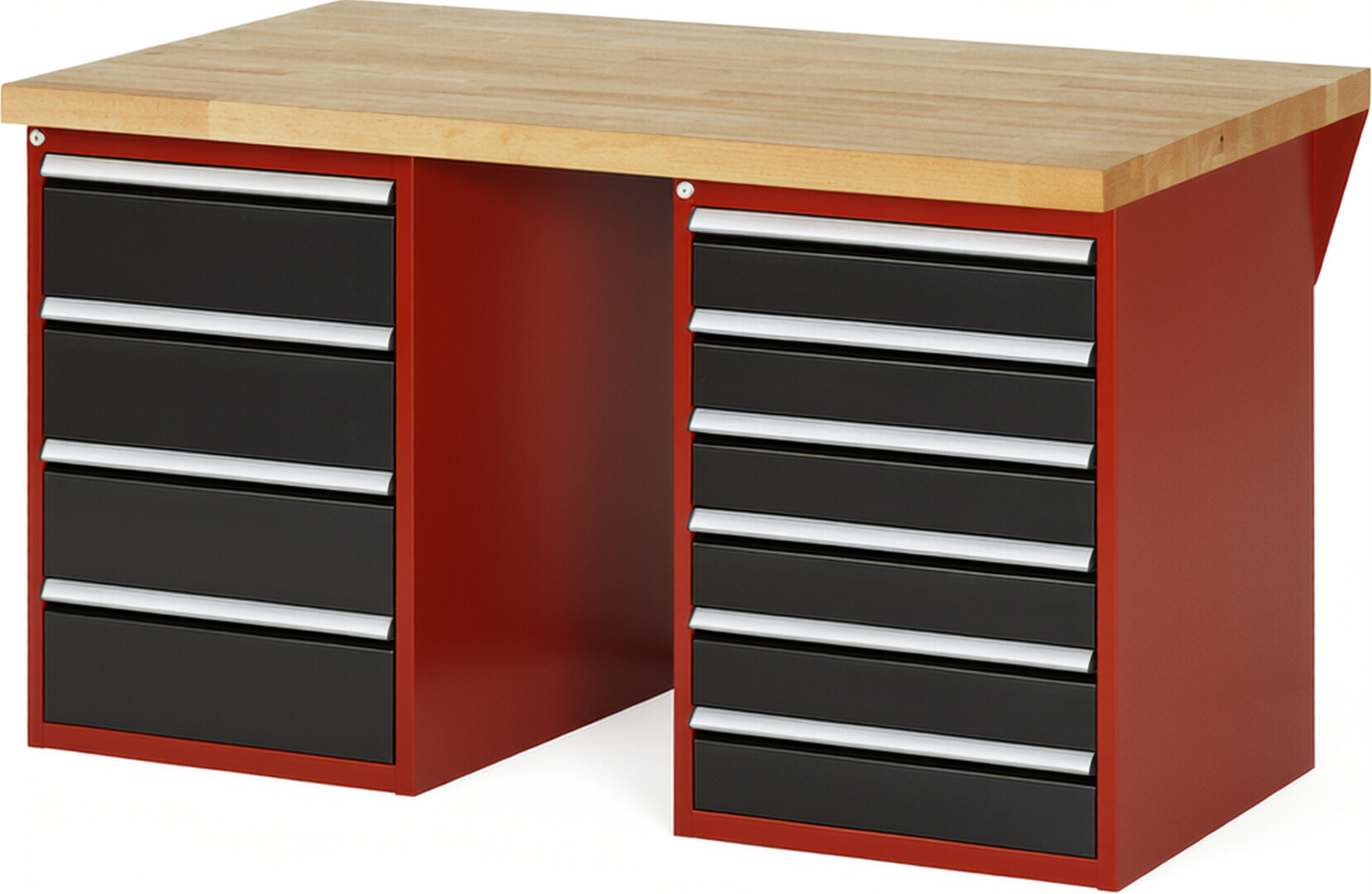 RAU Werkbank rot - schwarz - Breite 150 cm - Tiefe 90 cm - Höhe 84 cm - Buche-Massiv Arbeitsplatte 40 mm