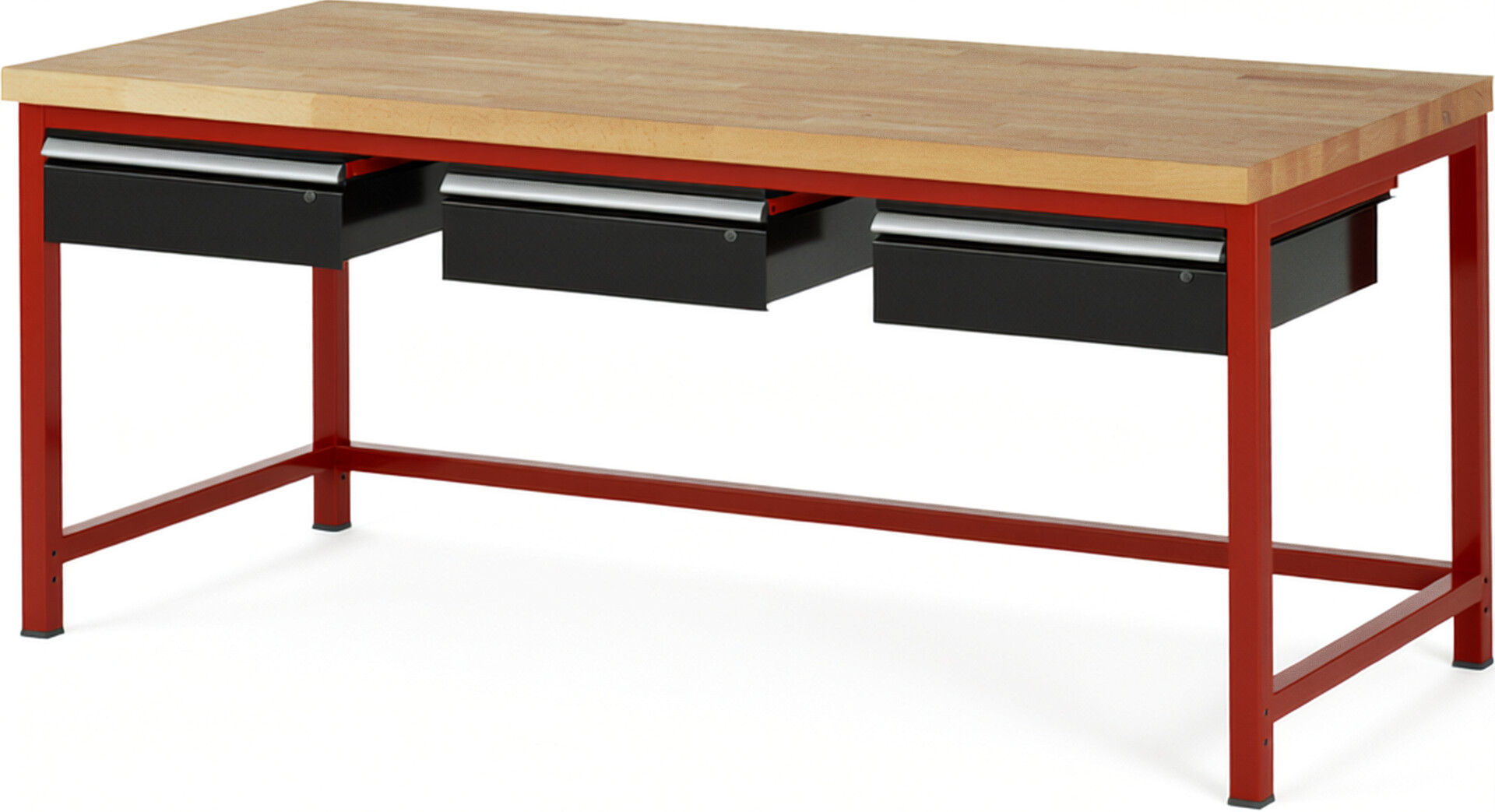Werkbank Modell 8003 rot - schwarz, BxTxH 2000x900x840-1040 mm,  Buche-Massiv Arbeitsplatte 40 mm,  3 Schubladen mit  Auszug 90 %