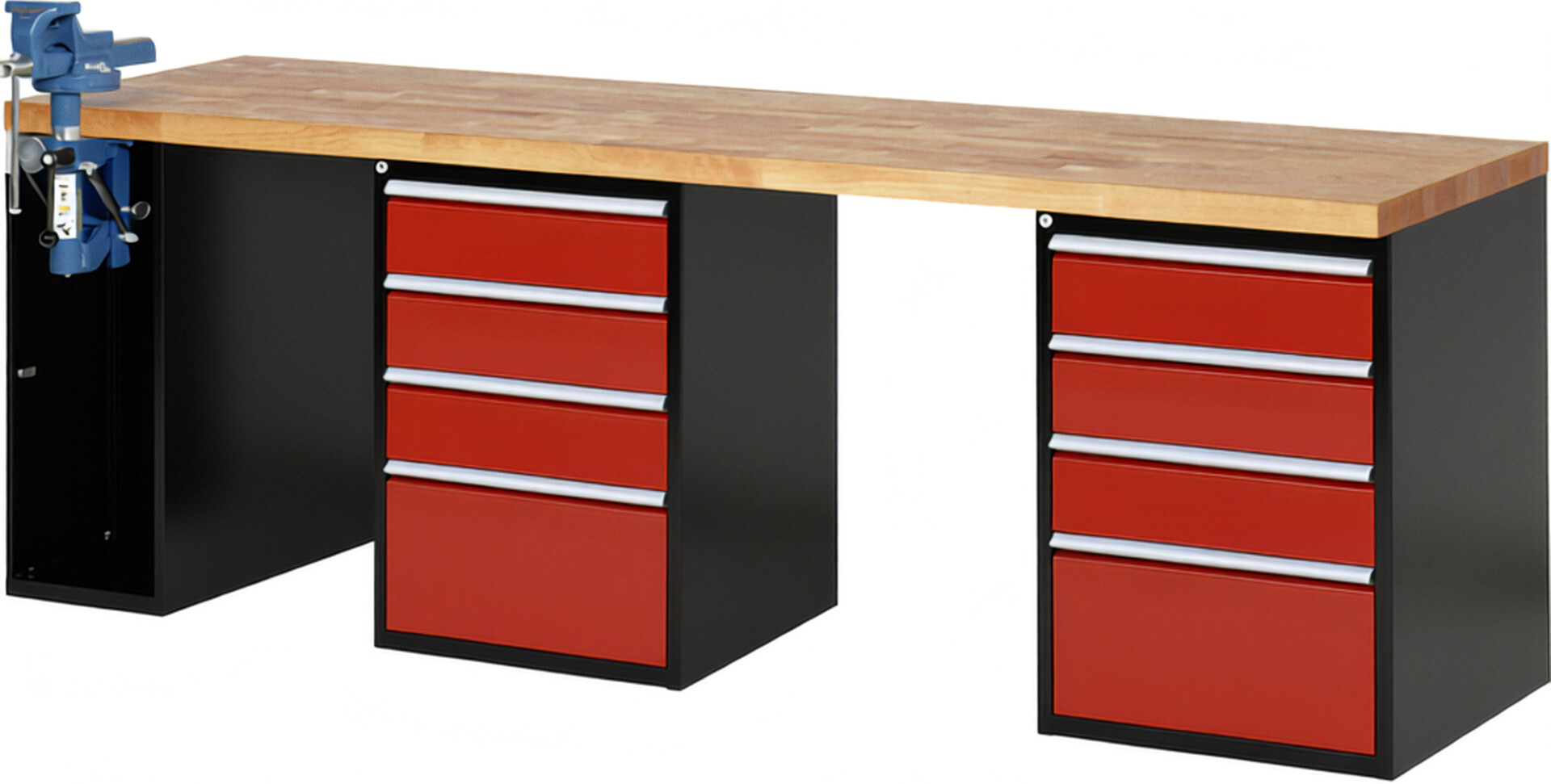 Werkbank Modell 7510 schwarz-rot, BxTxH 2500x700x840 mm,  Buche-Massiv Arbeitsplatte 40 mm,  8 Schubladen mit  Vollauszug 100 % und  SoftClosing